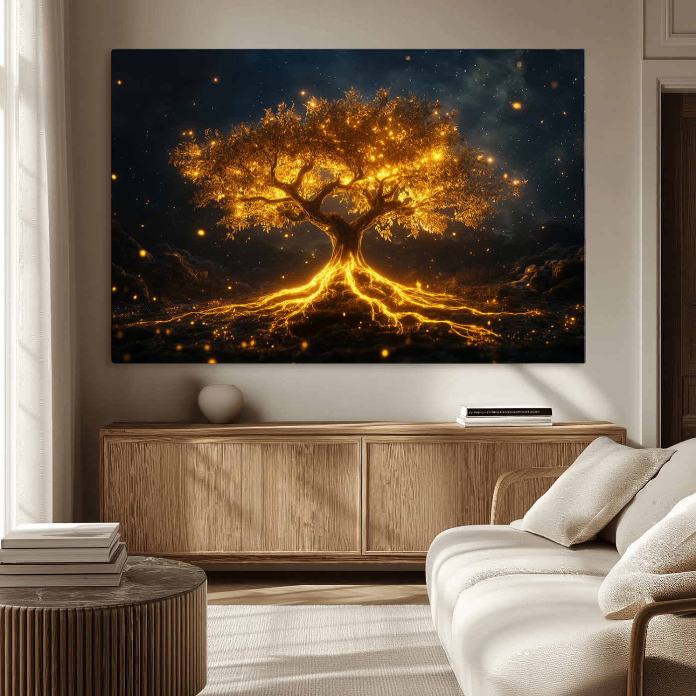 MGV-CV-36X24 - Golden Tree of Life Canvas Wall Art Print - Majestic Glowing Tree Design for Living Room, Office, or