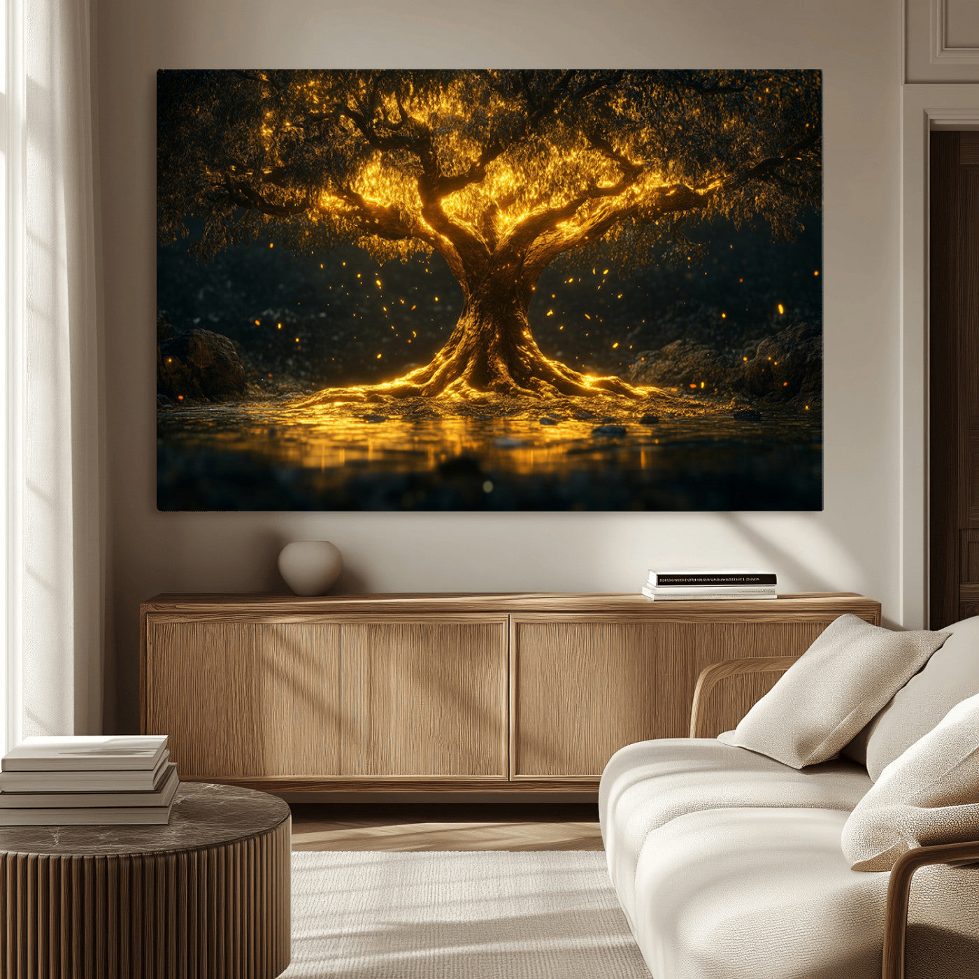 MGV-CV-36X24 - Golden Tree of Life Canvas Wall Art Print - Majestic Glowing Tree Wall Art Print