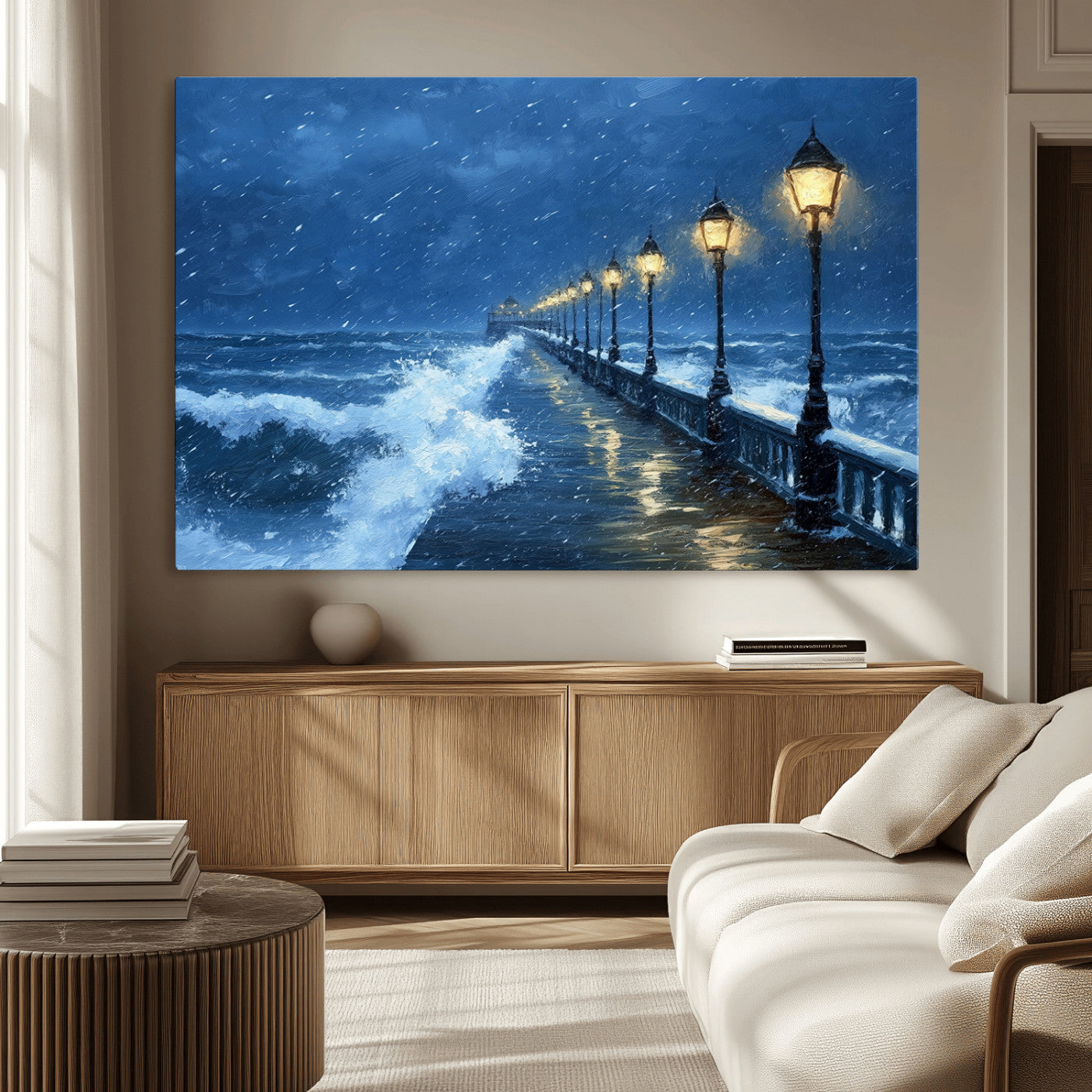 MGV-CV-36X24 - Stormy Ocean Pier Lights Canvas Wall Art Print - Large Moody Night Scene for Living Room, or Office,