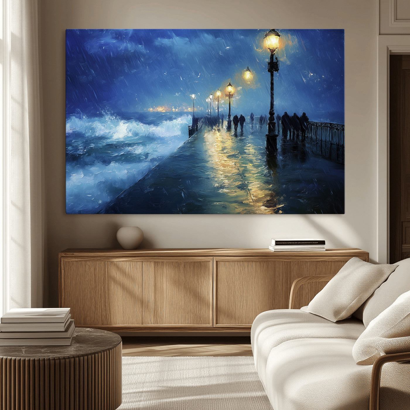 MGV-CV-36X24 - Abstract Stormy Ocean Pier Canvas Wall Art Print | Stormy Ocean Art | Large Moody Night Scene Print,