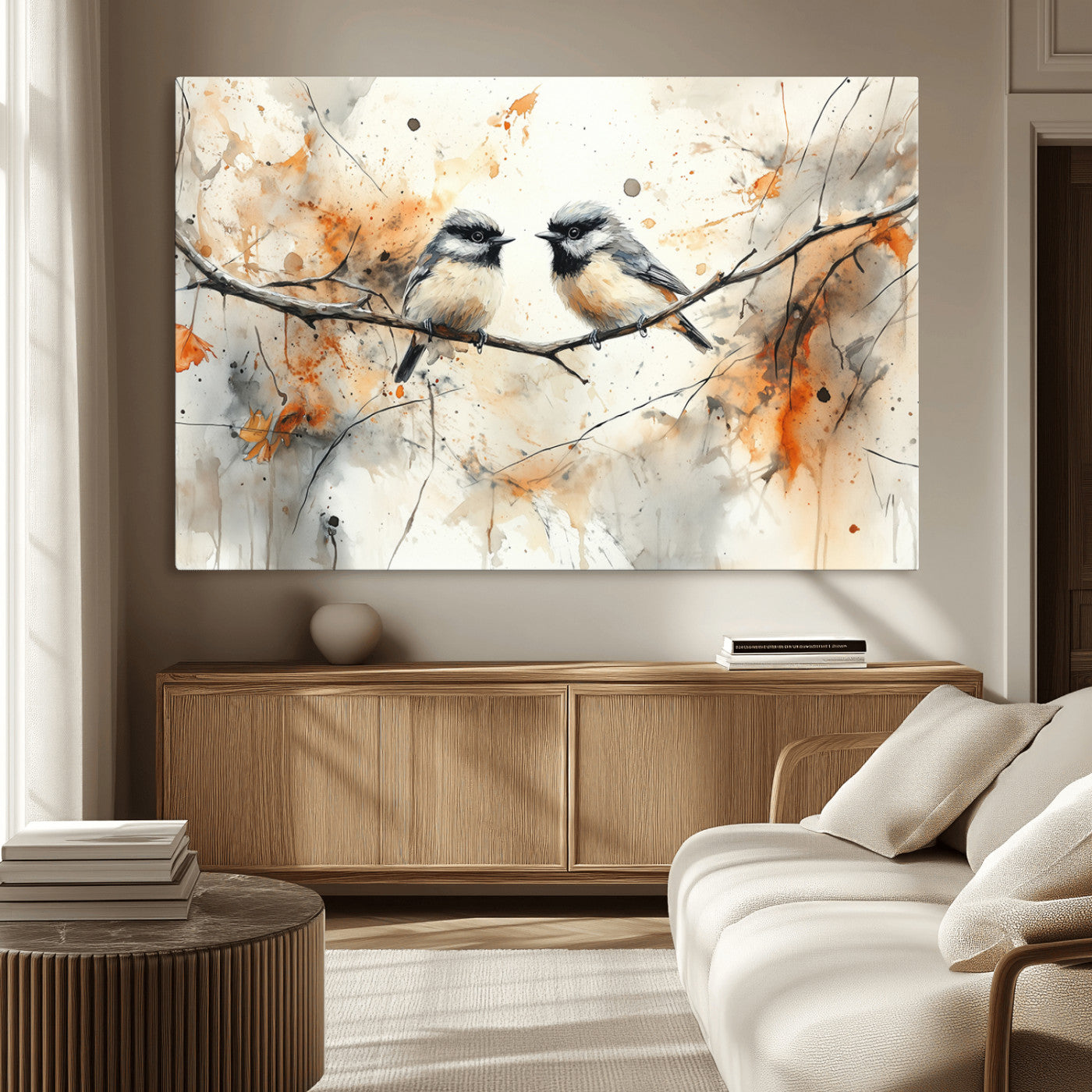 MGV-CV-36X24 - Abstract Watercolor Chickadee Bird Canvas Wall Art Print - Large Bird and Branch Wall Art, Modern
