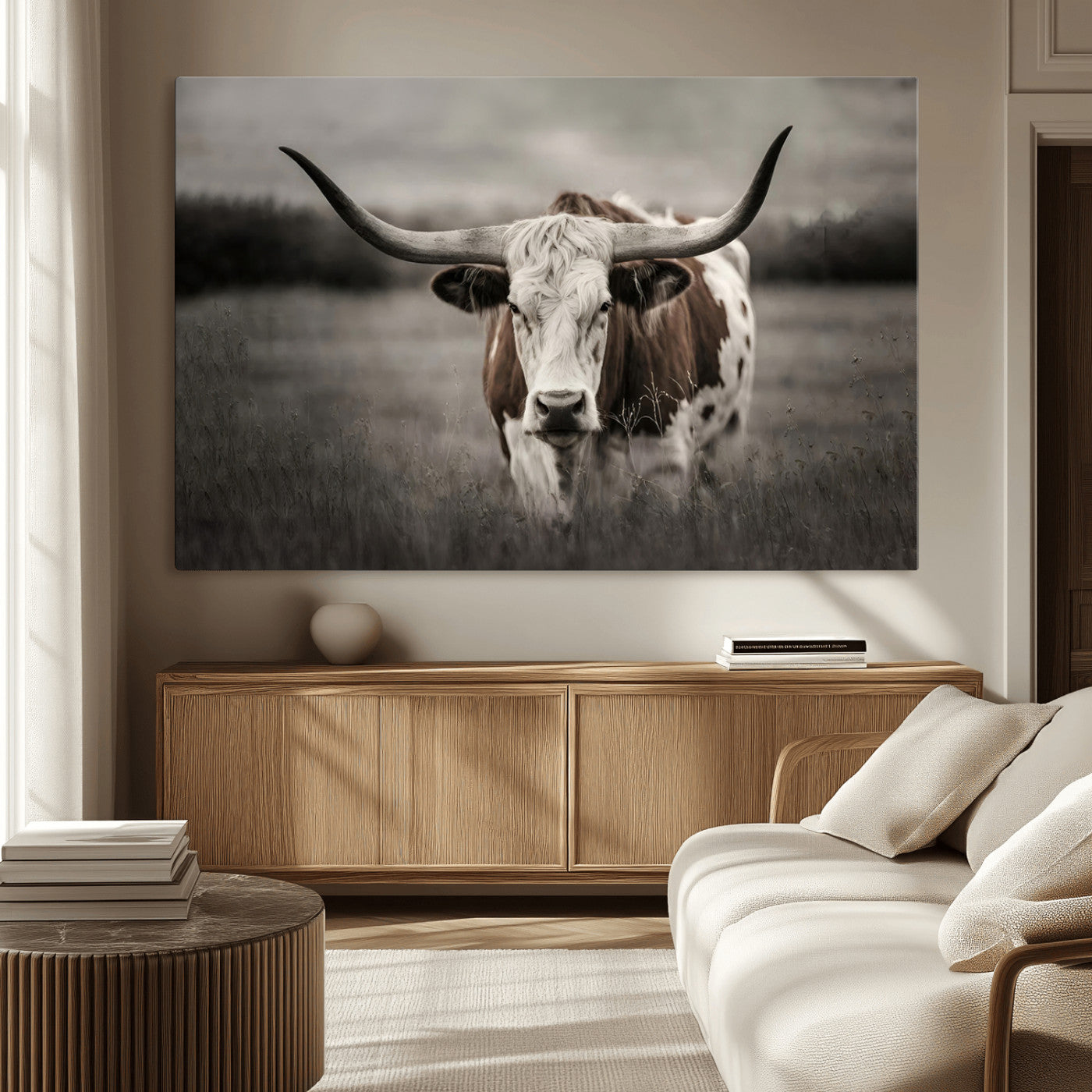 MGV-CV-36X24 - Texas Longhorn Cow Canvas Wall Art Print - Large Rustic Longhorn Art for Living Room, Western Wall