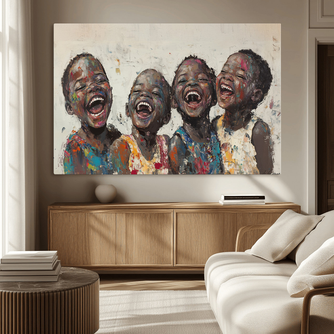 85256-MGV-CV-36X24-Shai Yossef Print - Joyful Childhood Canvas Wall Art - Expressive Impasto Painting of Laughing
