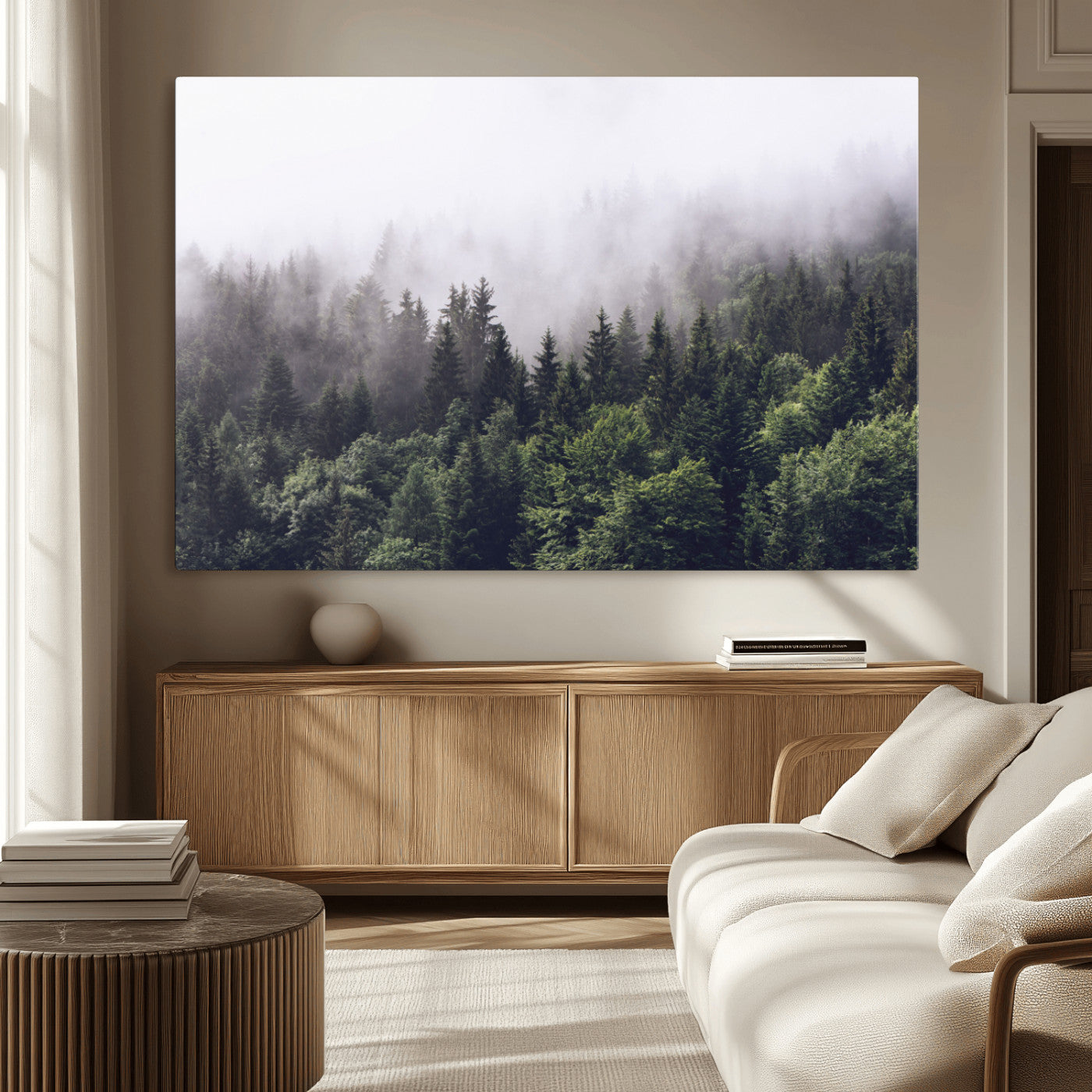 MGV-CV-36X24 - Misty Forest Wall Art | Foggy Forest Canvas Print | Large Nature-Inspired Misty Tree Landscape for