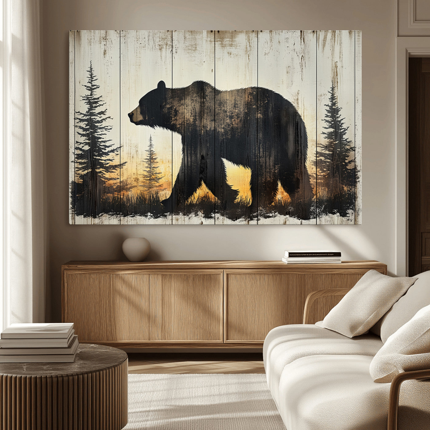 83875-MGV-CV-36X24-Vintage Bear Wall Art Canvas Print for Farmhouse - Mountain Wood Canvas Wall Art - Forest Silhouette
