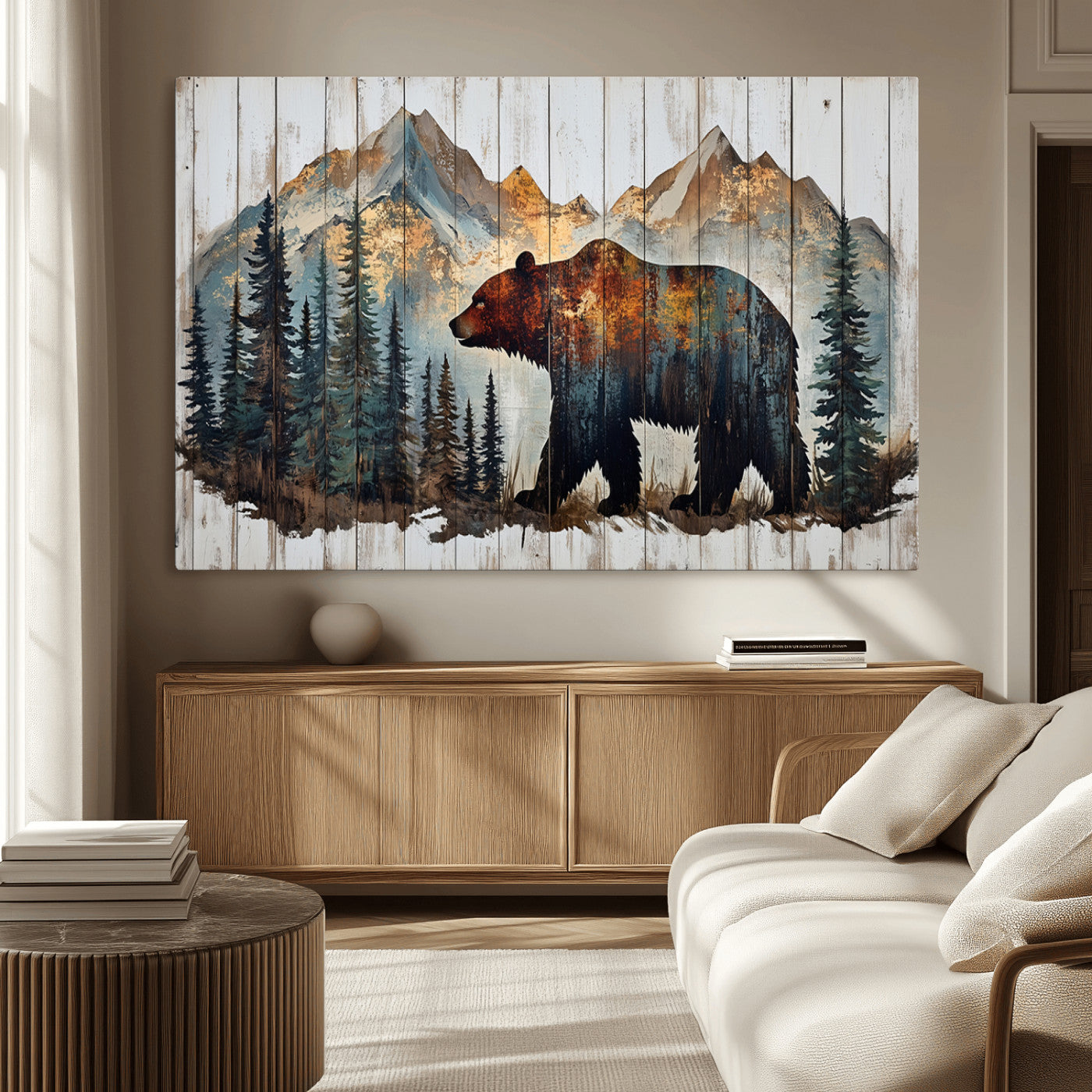55777-MGV-CV-36X24-Rustic Grizzly 399 Bear and Mountain Wood Canvas Wall Art - Framed Nature Artwork with Forest