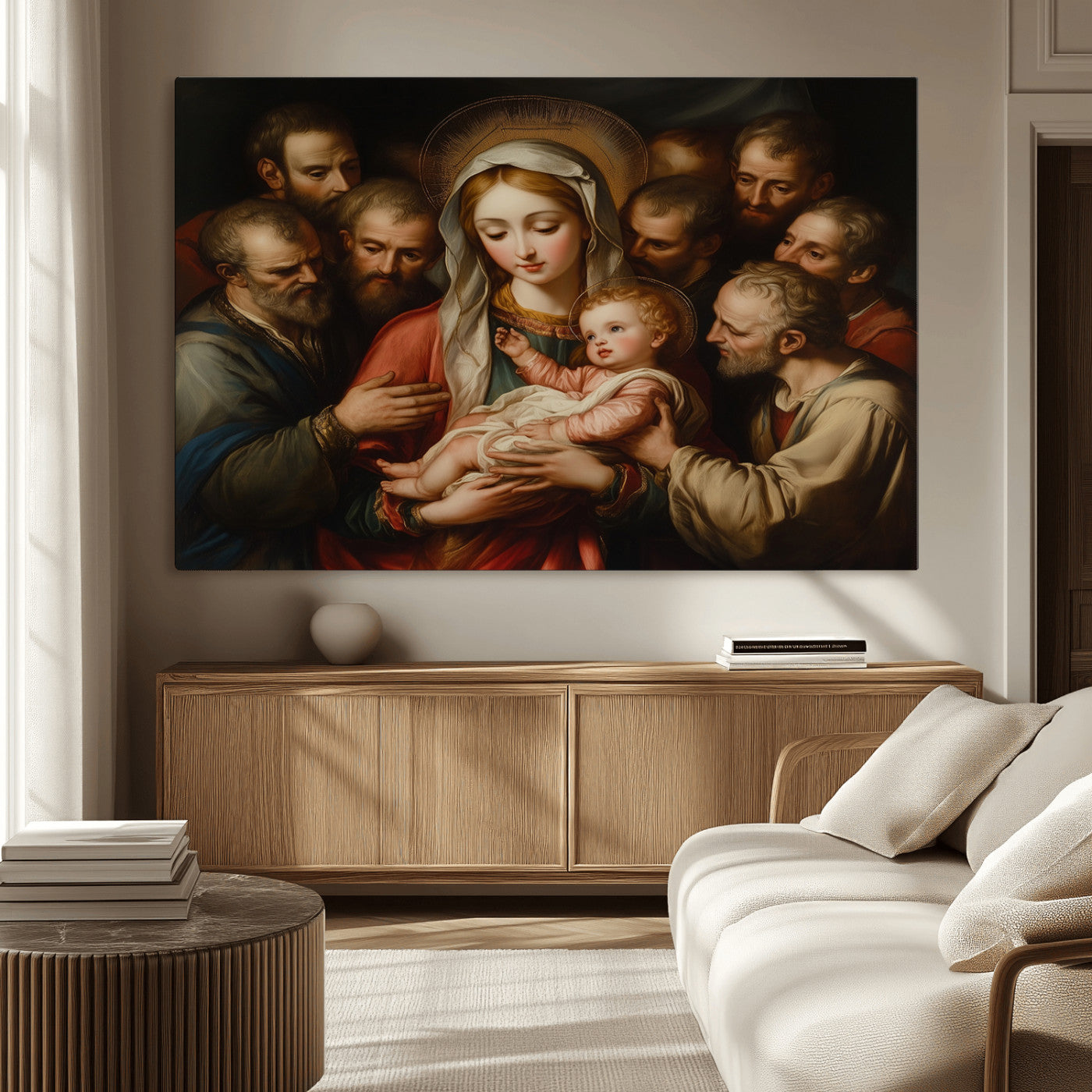 MGV-CV-36X24 - Religious Canvas Wall Art Print - Madonna and Child with Apostles Art Print - Classic Christian