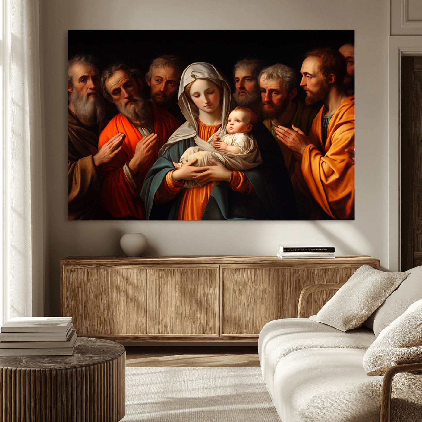 MGV-CV-36X24 - Religious Canvas Wall Art Print - Madonna and Child with Apostles Art Print - Classic Christian