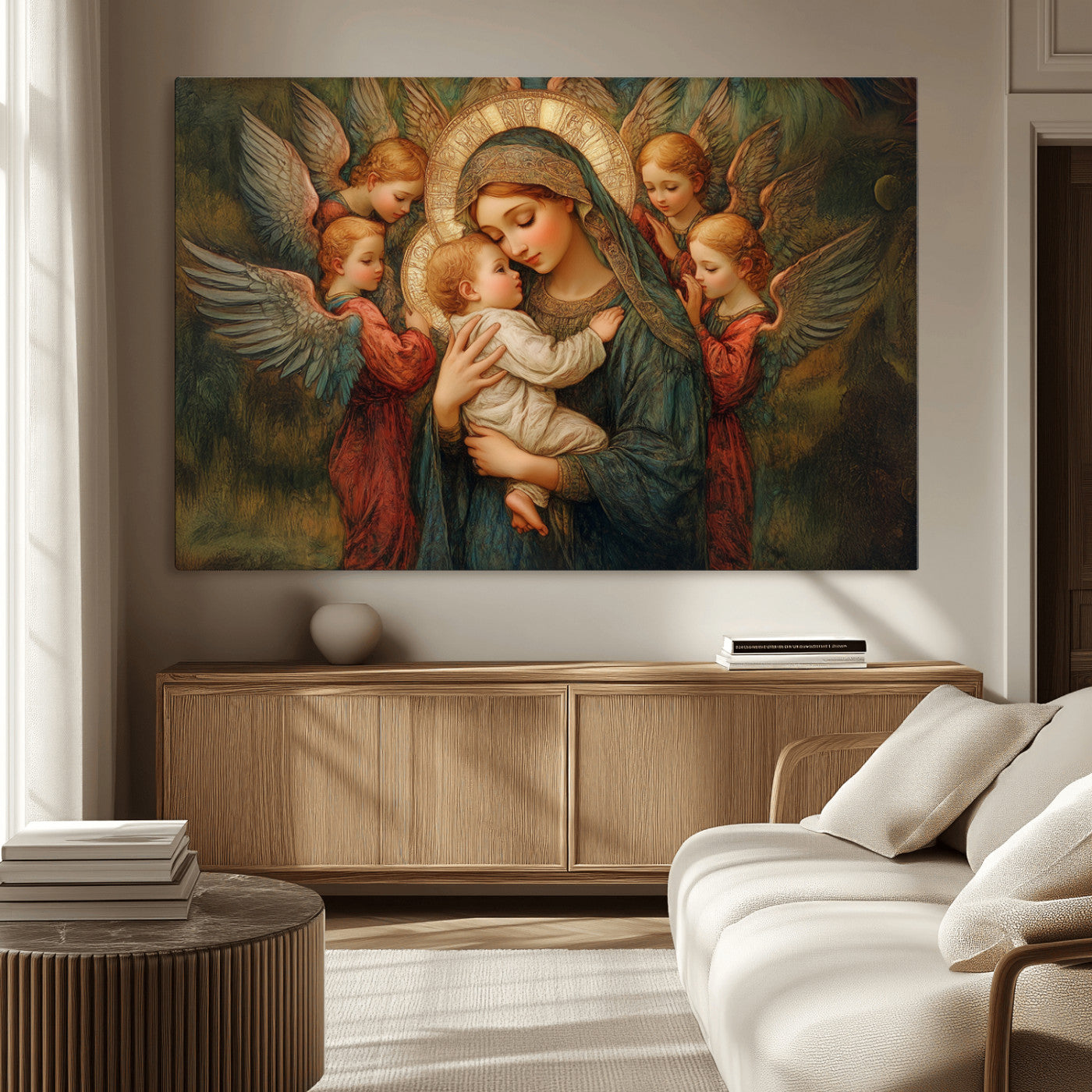 MGV-CV-36X24 - Mary Jesus Canvas Wall Art Print - Madonna and Child with Angels Art Print - Classic Christian