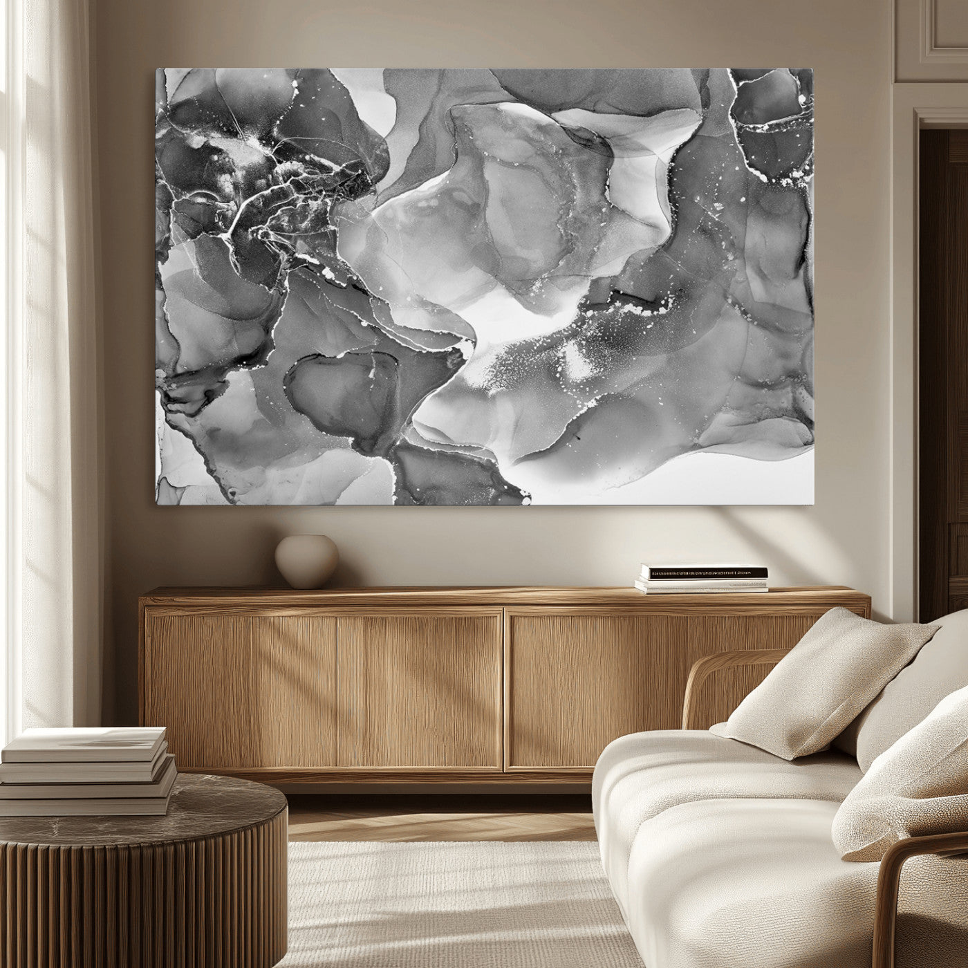 MGV-CV-36X24 - Black White Abstract Canvas Wall Art - Fluid Ink Artwork - Modern Luxury Wall Decor for Contemporary