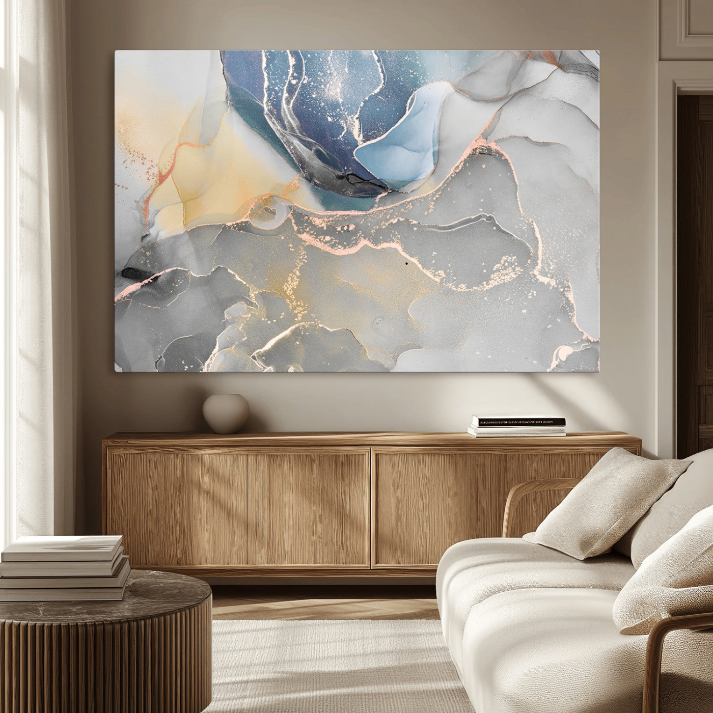 MGV-CV-36X24 - Large Abstract Blue and Gold Canvas Wall Art | Fluid Ink Artwork Print | Luxury Wall Decor for