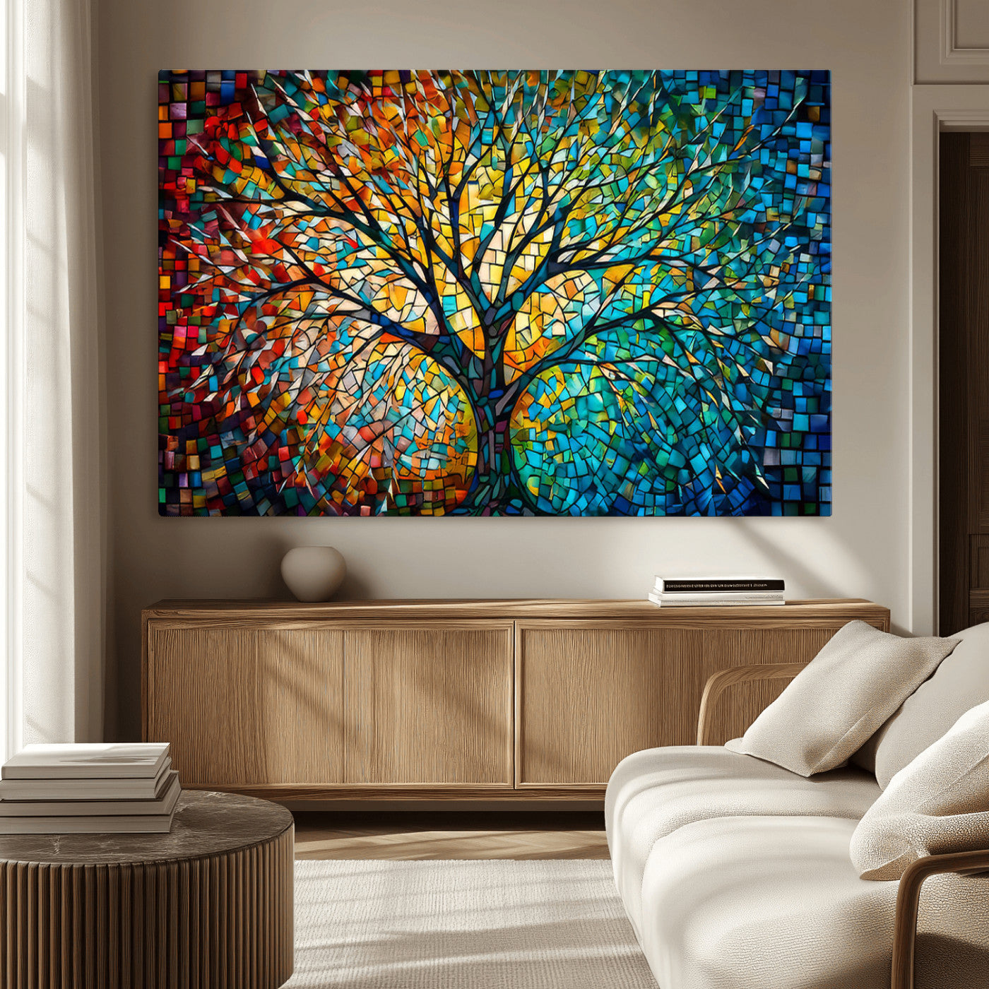 MGV-CV-36X24 - Yggdrasil Tree of Life Wall Art Print Canvas | Mosaic Style 3-Panel Canvas Print
