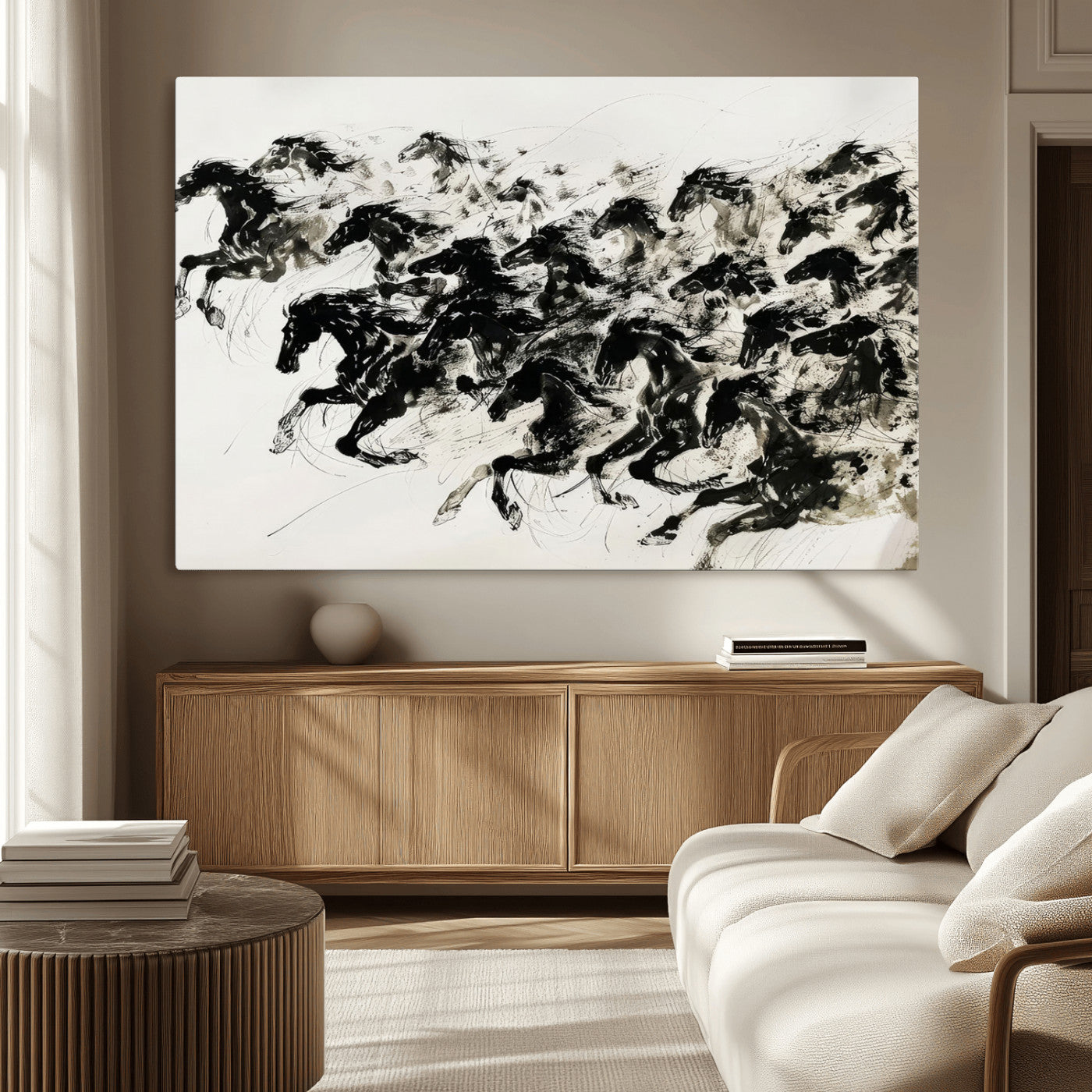 MGV-CV-36X24 - Abstract Horse Wall Art Canvas Print - Dynamic Black Ink Horse Print - Modern Equine Wall Decor for