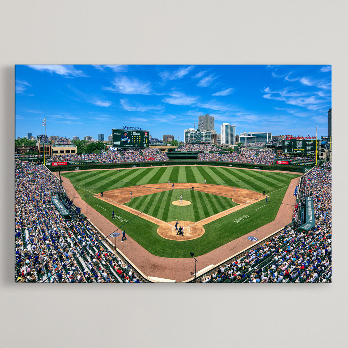 26064-MGV-CV-30X20-Framed Wrigley Field Chicago Cubs Print, Panoramic Multi Piece Canvas Wall Art - Iconic Baseball Stadium Print for Sports Lovers - Ready to