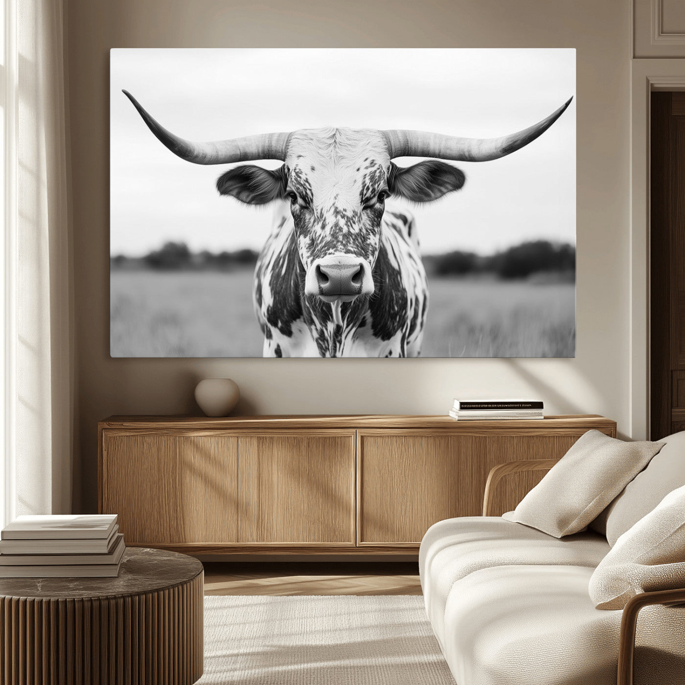 MGV-CV-36X24 - Highland Cow Wall Art - Black and White Western Longhorn Canvas Print - Farmhouse Living Room Decor
