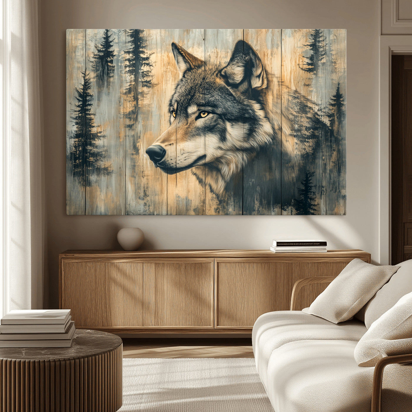 MGV-CV-36X24 - Wood Style Rustic Wolf Wall Art Canvas Print, Vintage Woodland Wolf Wall Art, Framed Wood Style Wolf