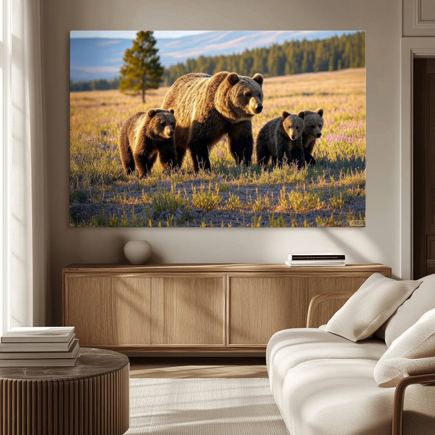 MGV-CV-36X24 - Grizzly 399 in Wild Flowers Wall Art Canvas Print, Grizzly Bears Wall Art, Queen of Grand Teton