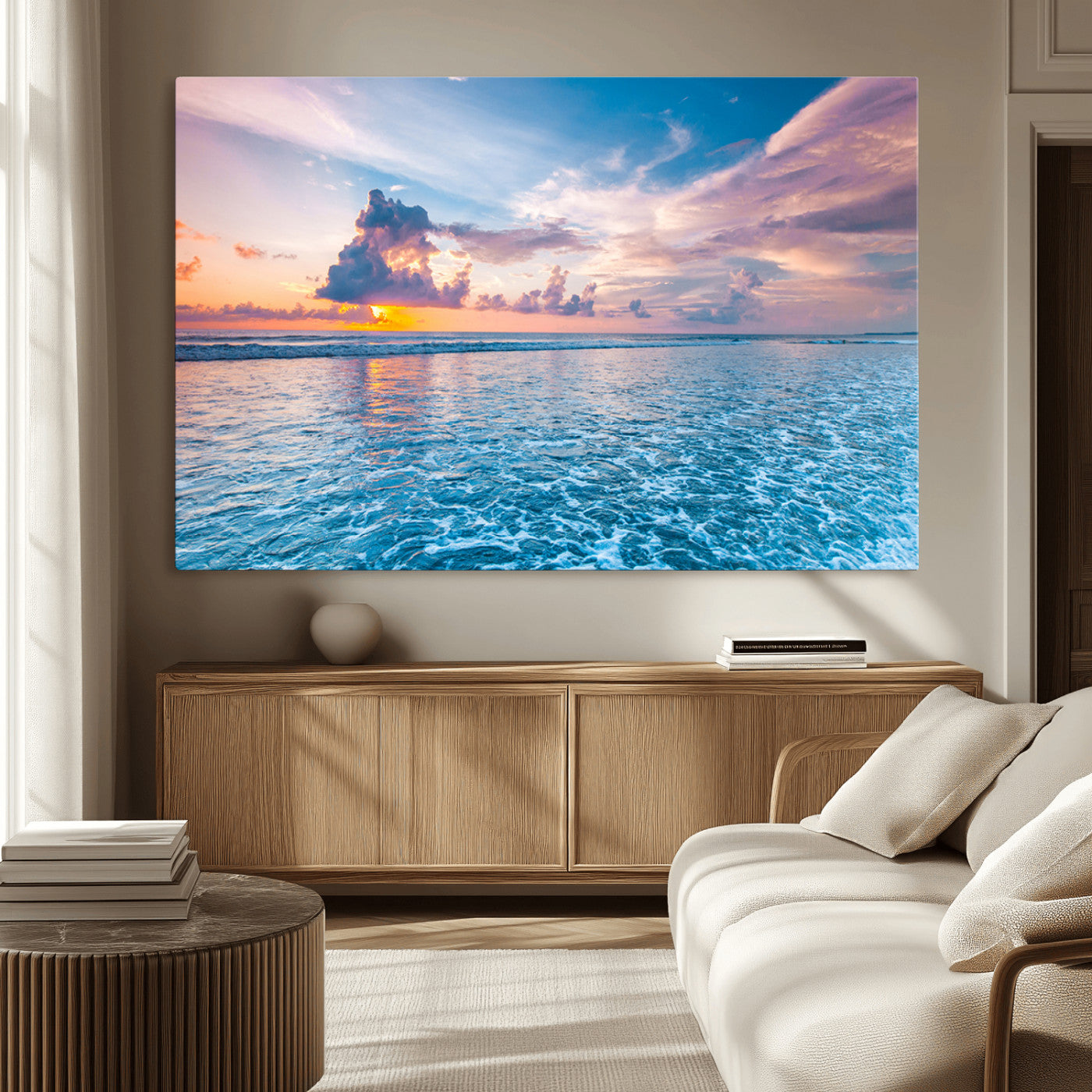 MGV-CV-36X24 - Ocean Sunset Canvas Wall Art Print - Tranquil Seascape with Vibrant Sky and Rolling Waves Canvas