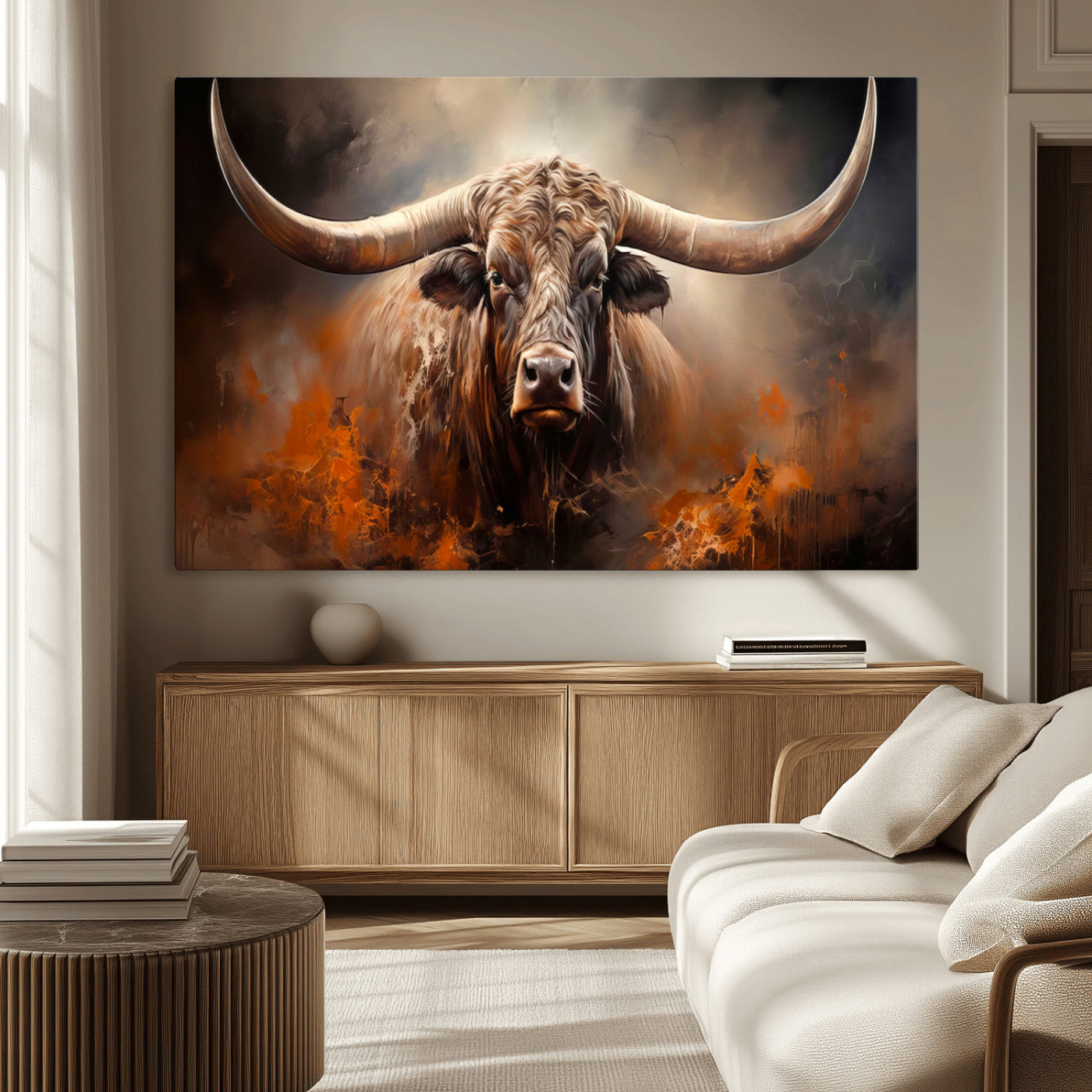 MGV-CV-36X24 - Highland Bull Canvas Abstract Canvas Wall Art Print – Powerful Highland Bull with Striking Horns in