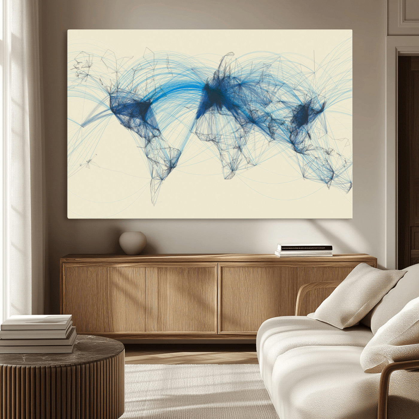 MGV-CV-36X24 - Flight Routes Map art Air Traffic Avi World Map with Blue Connections Canvas Wall Art – Modern