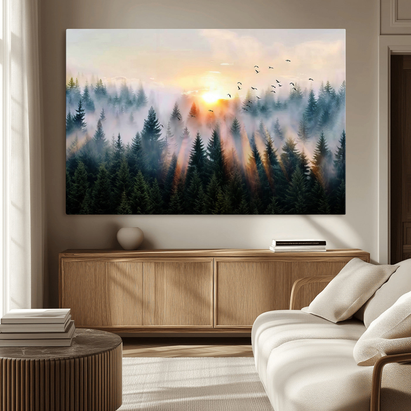 MGV-CV-36X24 - Abstract Forest Wall Art - Serene Nature Canvas Print with Misty Forest Design for Modern Home or
