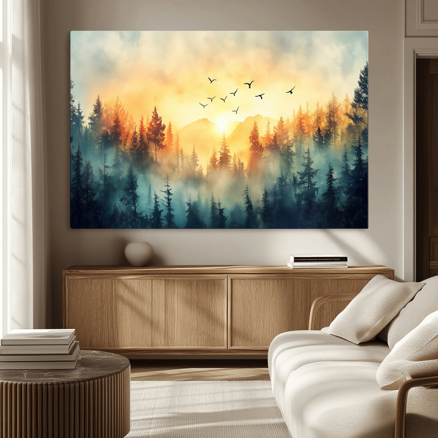 MGV-CV-36X24 - Abstract Forest Wall Art Print- Serene Nature Canvas Print with Misty Forest Design for Modern Home