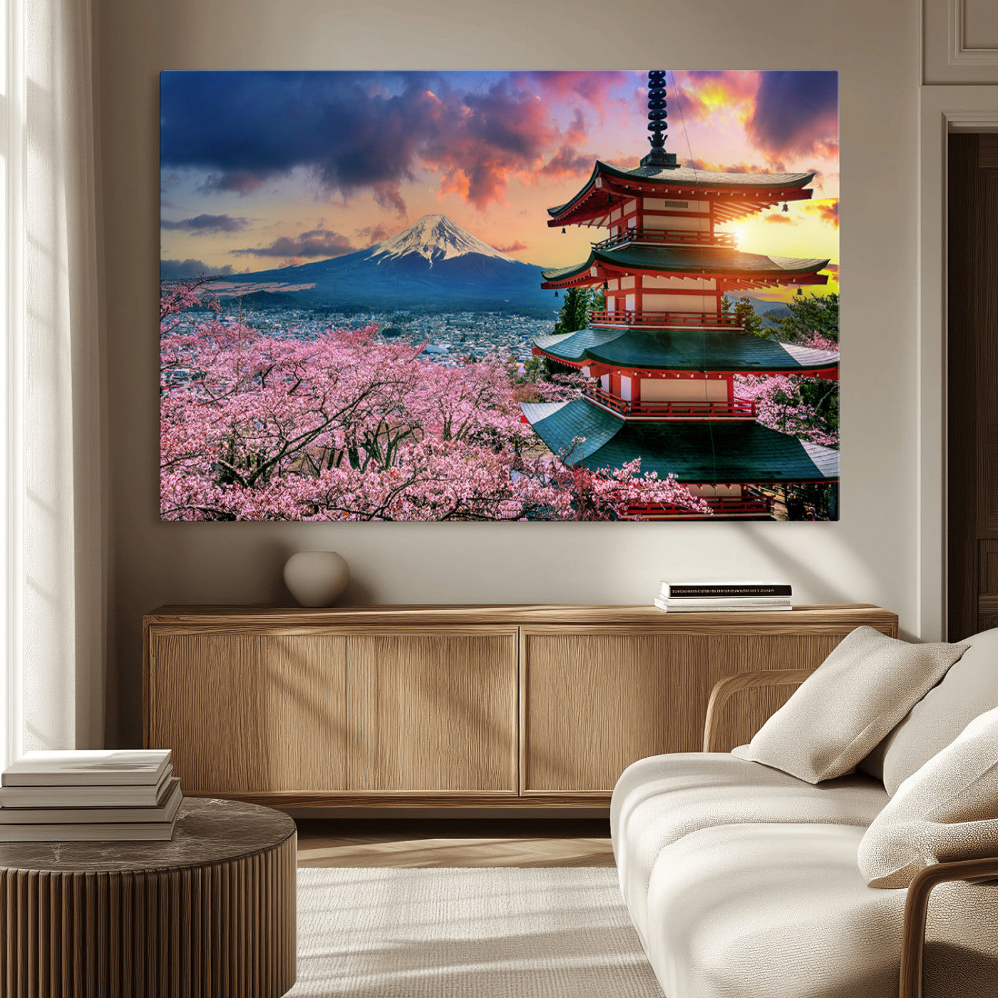 MGV-CV-36X24 - Mount Fuji & Cherry Blossom Wall Art Canvas Print – Iconic Japanese Landscape, Sakura Pagoda Sunset,