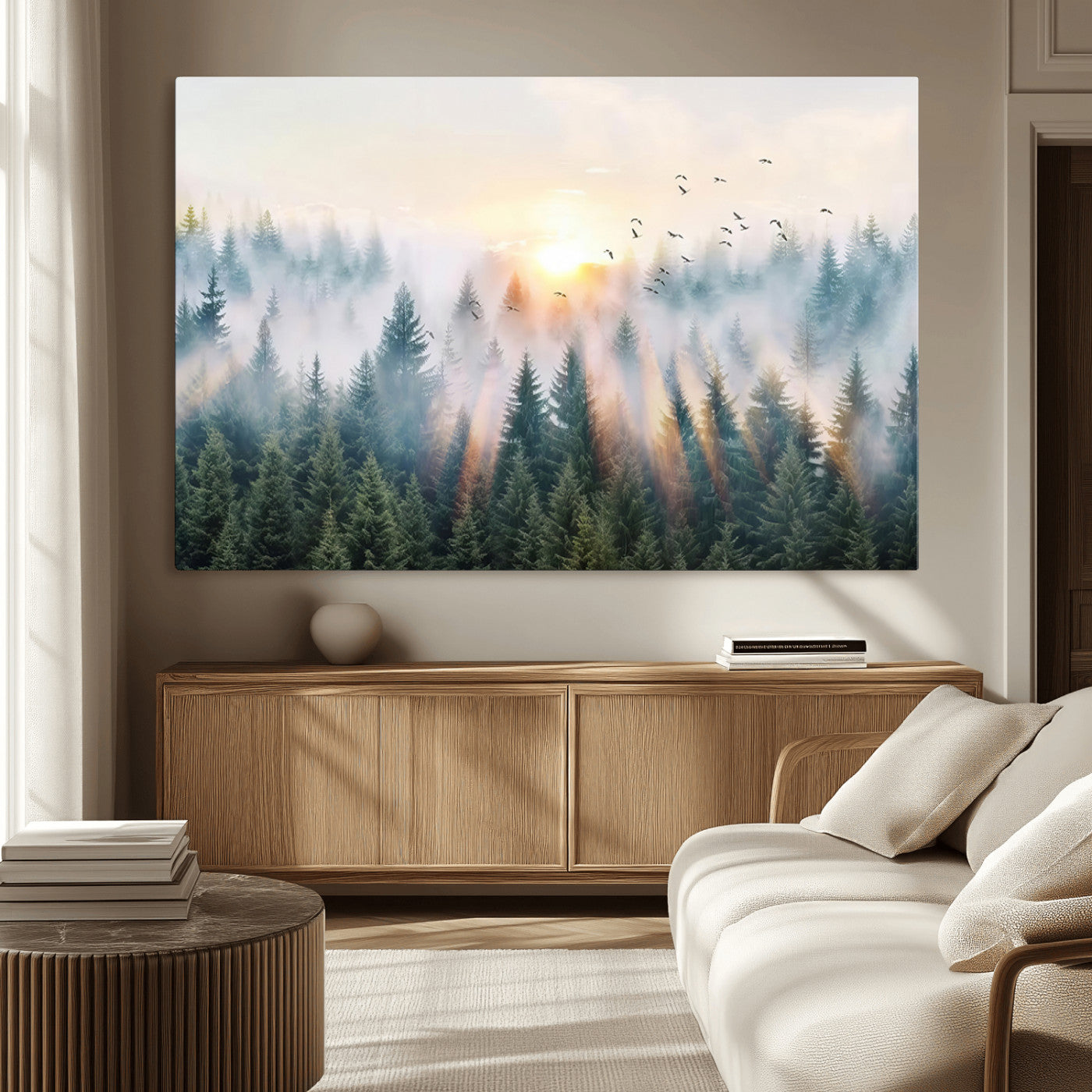 MGV-CV-36X24 - Misty Pine Forest Wall Art Canvas, Sunrise Over Foggy Trees Canvas for Home - Office, Framed