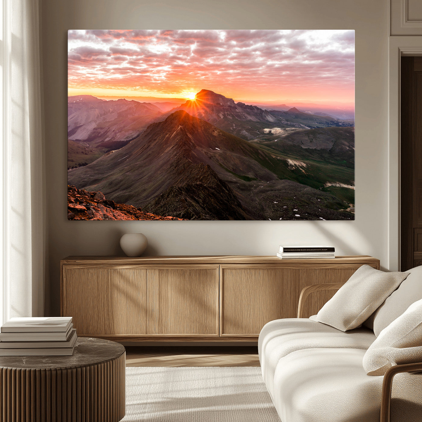 MGV-CV-36X24 - Majestic Sunrise Wall Art – Canvas Print of Rugged Mountain Peaks, Vibrant Sky, Serene Landscape, Nature Decor for Home or Office