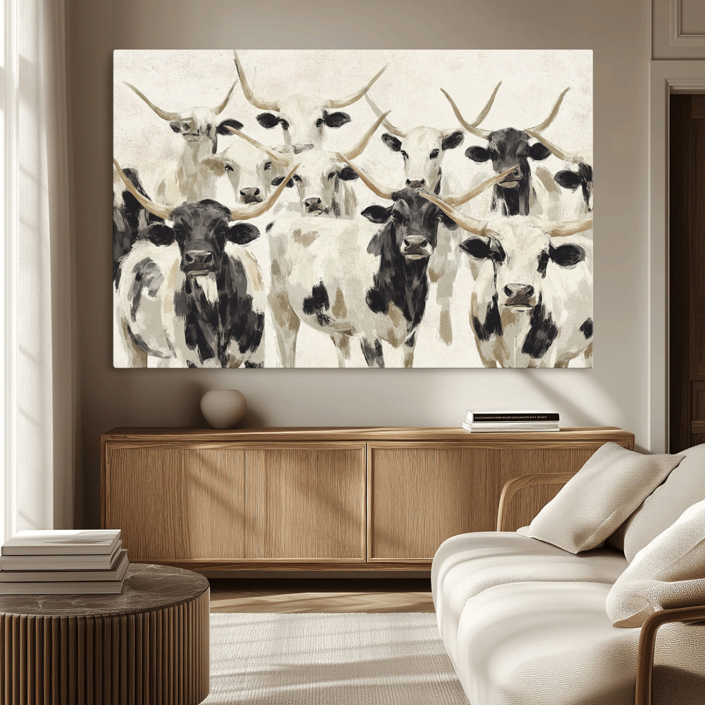 MGV-CV-36X24 - Longhorn Texas Cow Drawing Abstract Wall Art Canvas Print for Farmhouse Decor, Texas Bull Printing