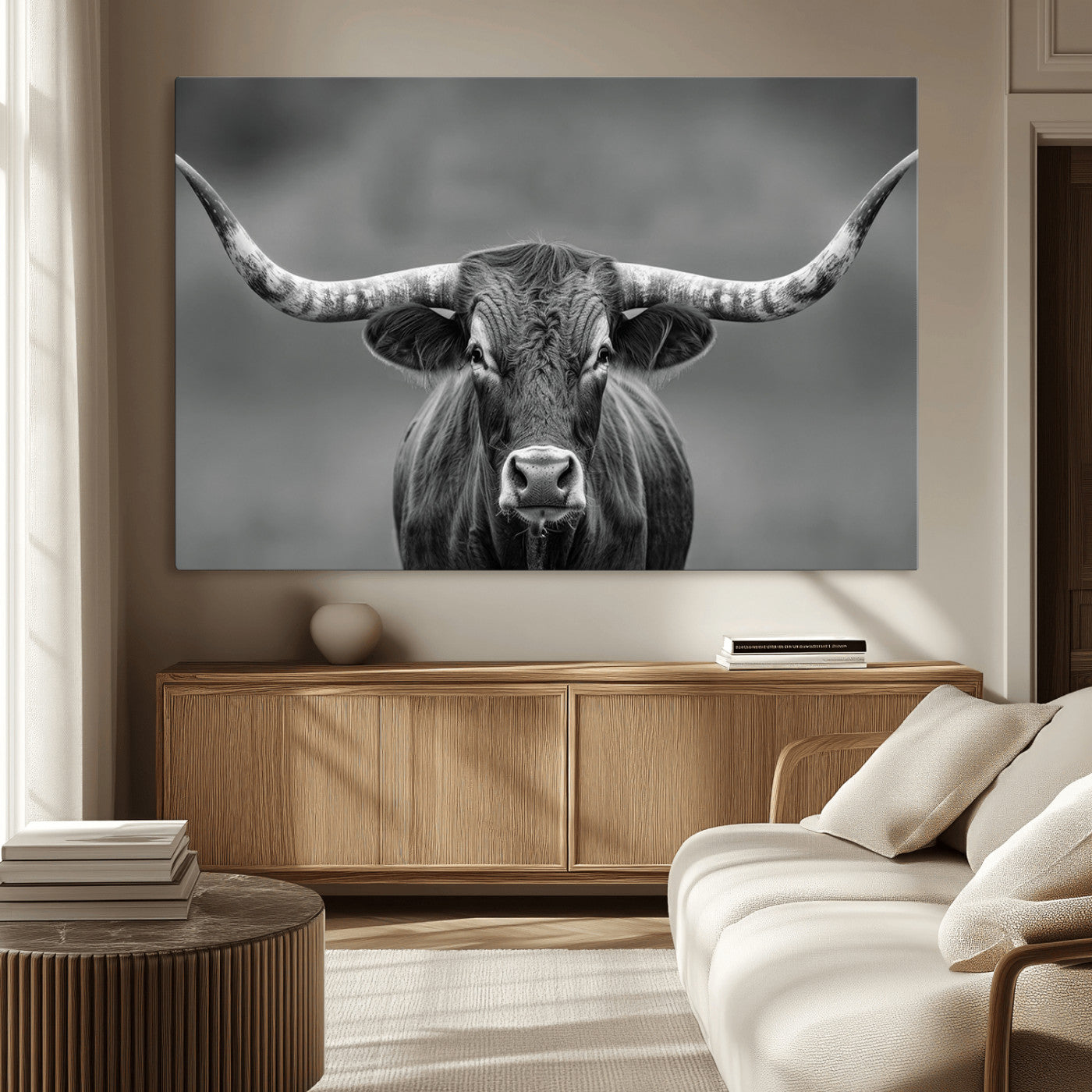 MGV-CV-36X24 - Framed Texas Longhorn Bull Art Canvas Print, Western Bull Wall Art Print, Long Horn Bull Photo Print