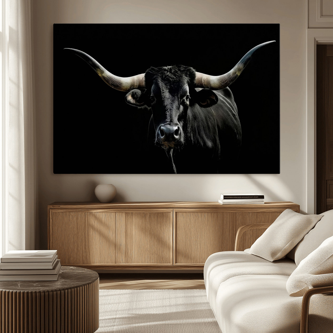 MGV-CV-36X24 - Texas Black Bull Wall Art Print, Longhorn Bull Canvas Wall Art