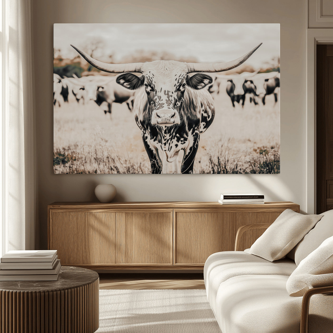 MGV-CV-36X24 - Texas Longhorn Wall Art Canvas Print, Framed Speckled Cow Art Picture Print, Horned Cattle Perfect Rustic Western Decor Artwork