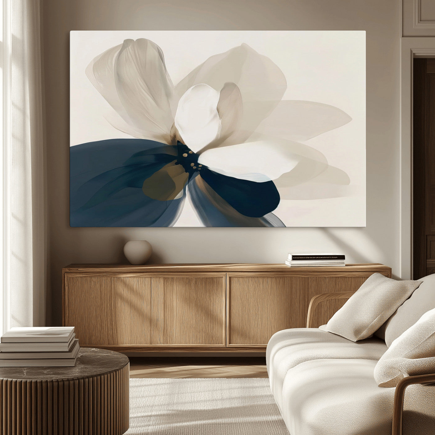 MGV-CV-36X24 - Minimal Flower Wall Art Canvas Print, Framed Flower Drawing Art Picture Print, Beige Bloom Perfect Modern Botanical Decor Artwork