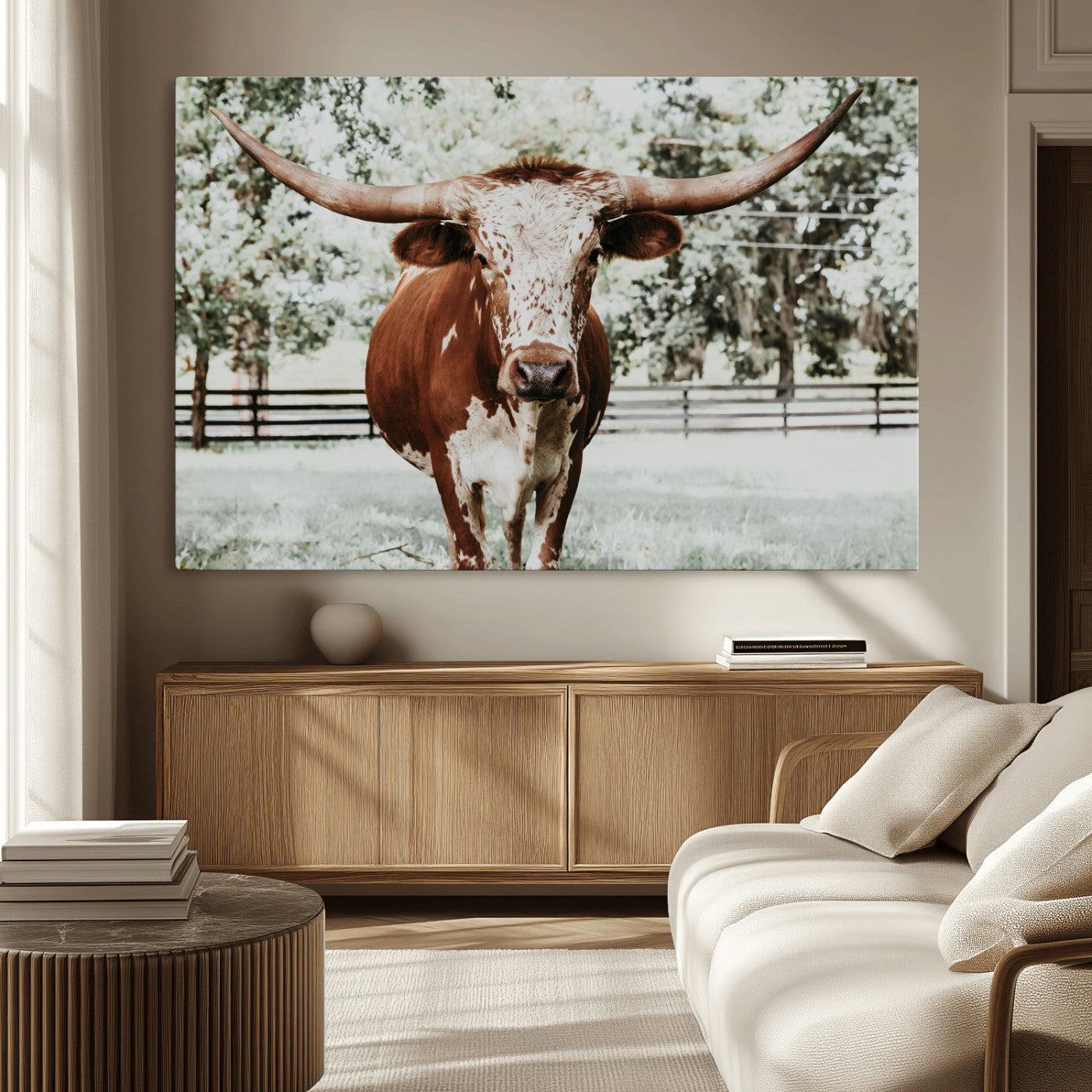 MGV-CV-36X24 - Texas Longhorn Wall Art Canvas Print, Framed Spotted Cow Art Picture Print, Horned Cattle Perfect Rustic Western Decor Artwork