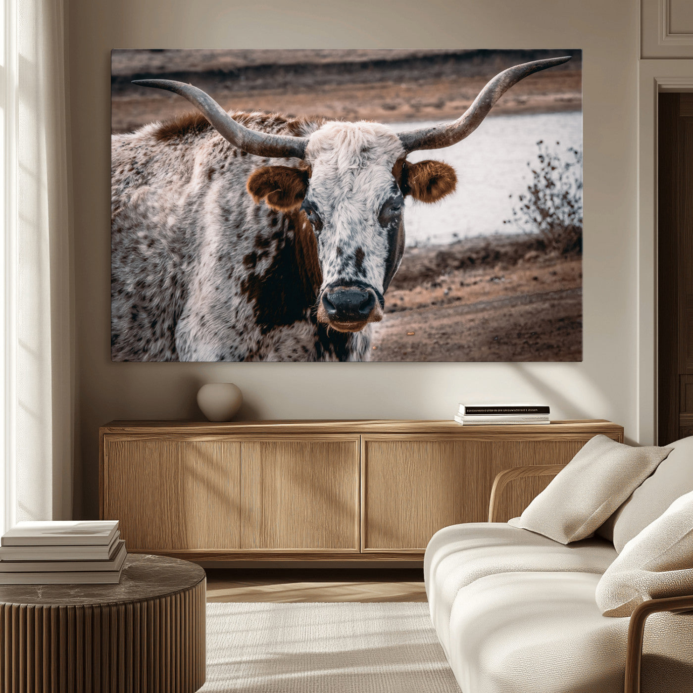 MGV-CV-36X24 - Texas Longhorn Wall Art Canvas Print, Framed Spotted Cow Art Picture Print, Horned Cattle Perfect Rustic Western Decor Artwork