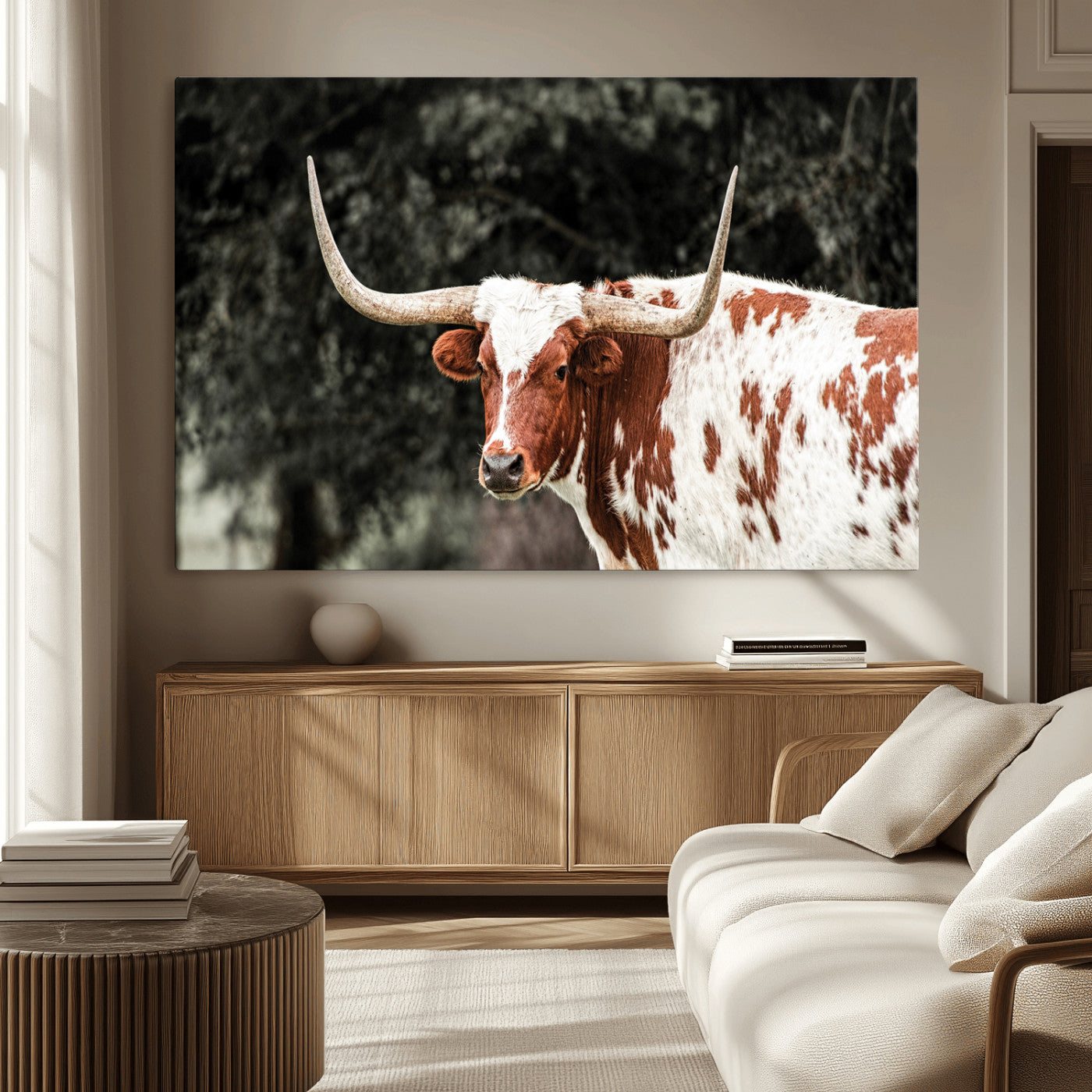 MGV-CV-36X24 - Texas Longhorn Wall Art Canvas Print, Framed Spotted Cow Art Picture Print, Horned Bull Perfect Rustic Western Decor Artwork