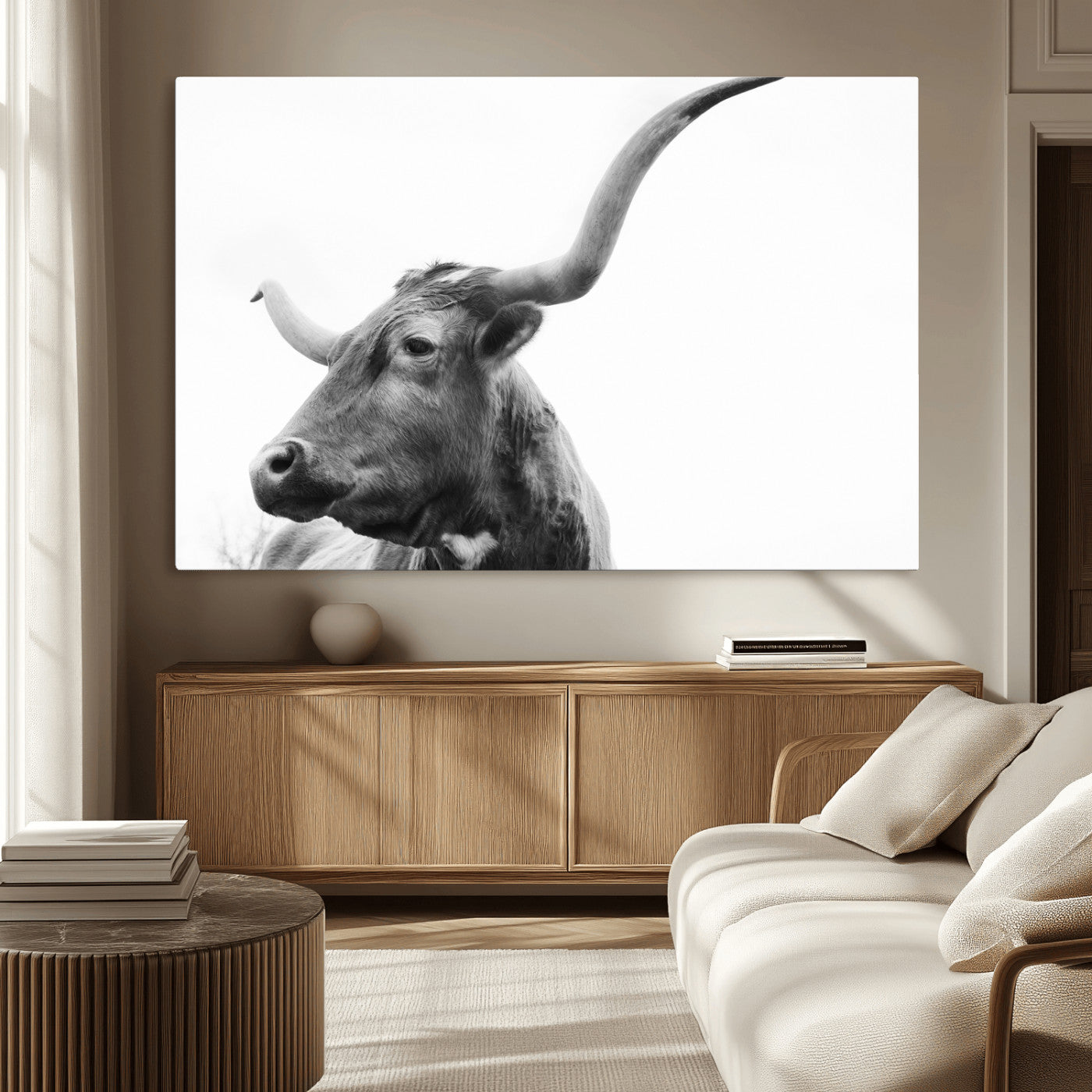 MGV-CV-36X24 - Longhorn Wall Art Wall Art Canvas Print, Framed Modern Ranch Style Art Art Picture Print, Monochrome Cow Print Perfect Rustic Western Decor Artwork
