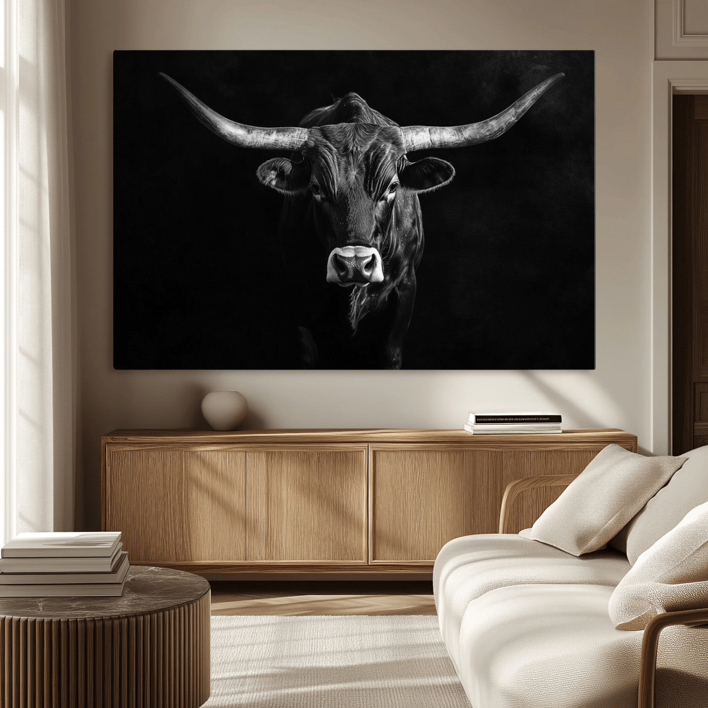 MGV-CV-36X24 - Texas Longhorn Wall Art Canvas Print, Framed Monochrome Bull Art Picture Print, Horned Bull Perfect Rustic Western Decor Artwork