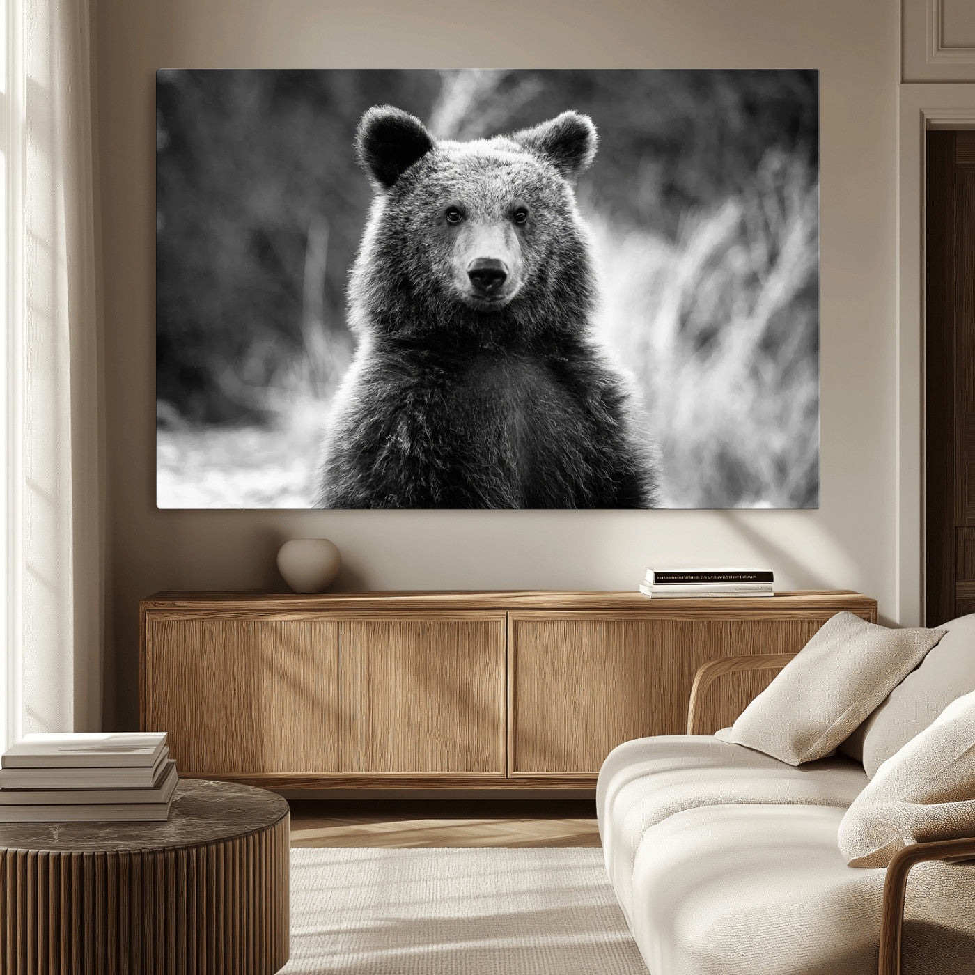 MGV-CV-36X24 - Grizzly Bear Wall Art Canvas Print, Framed Black White Bear Art Picture Print, Wild Bear Perfect Rustic Wildlife Decor Artwork