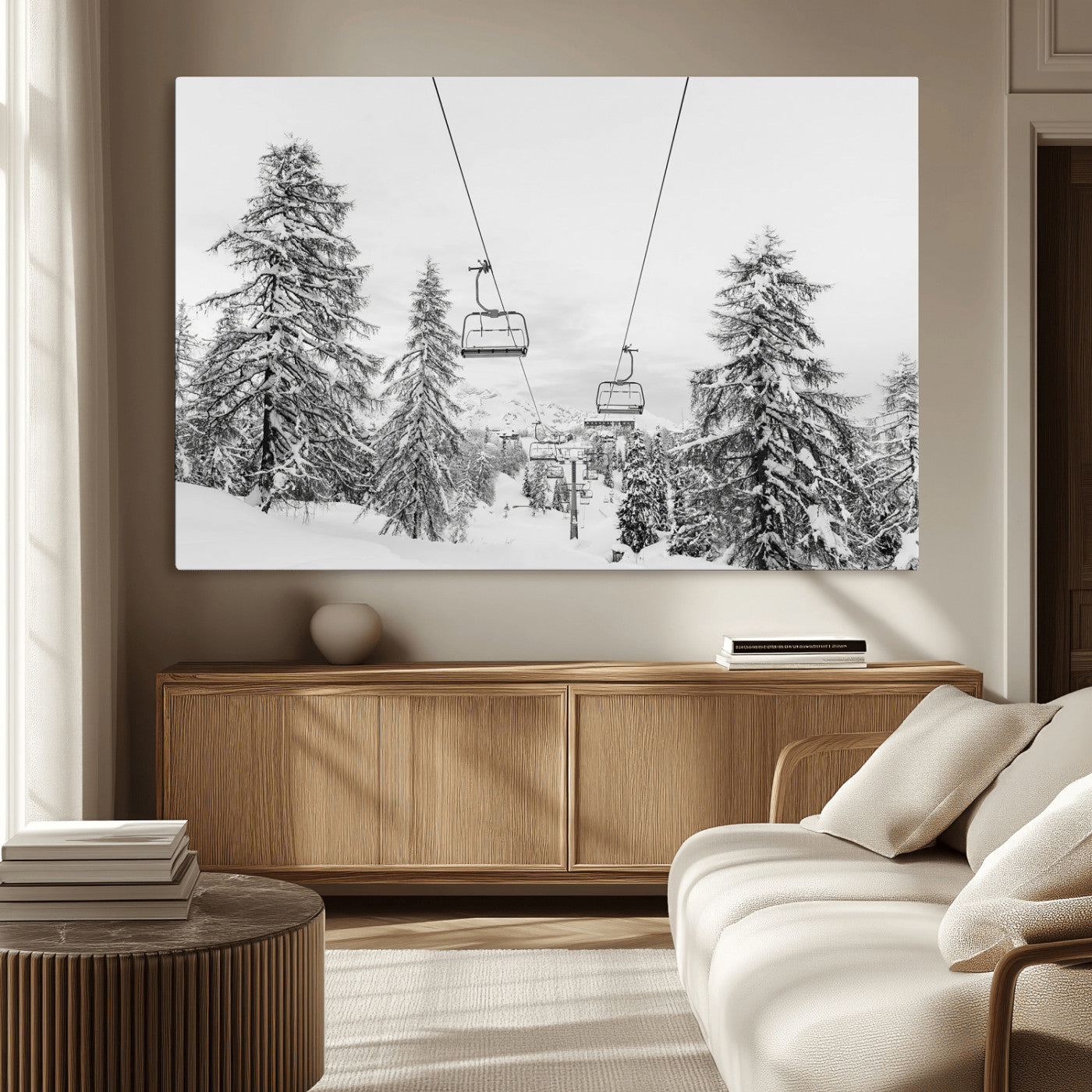 MGV-CV-36X24 - Wall Art Canvas Print Winter Chairlift Views Silent Snow-Covered Pines Mountain Calm Serenity Frozen