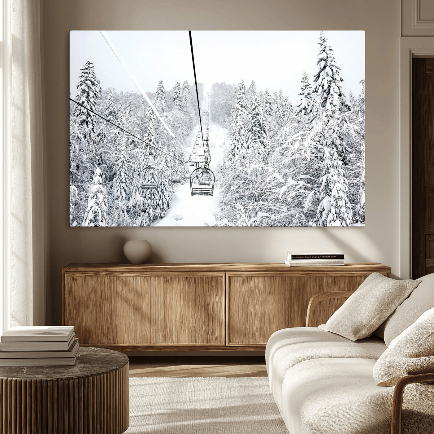 MGV-CV-36X24 - Snowy Mountains Wall Art Canvas Print, Framed Ski Lift Art Picture Print, Winter Forest Perfect