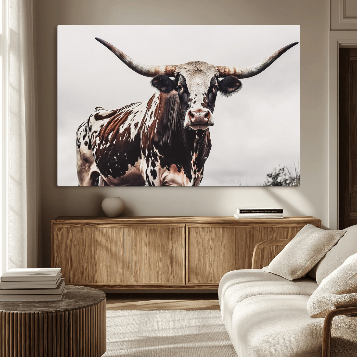 Close-up of a Texas Longhorn bull with powerful horns, perfect for rustic farmhouse or country-themed home decor. Ideal for animal lovers.