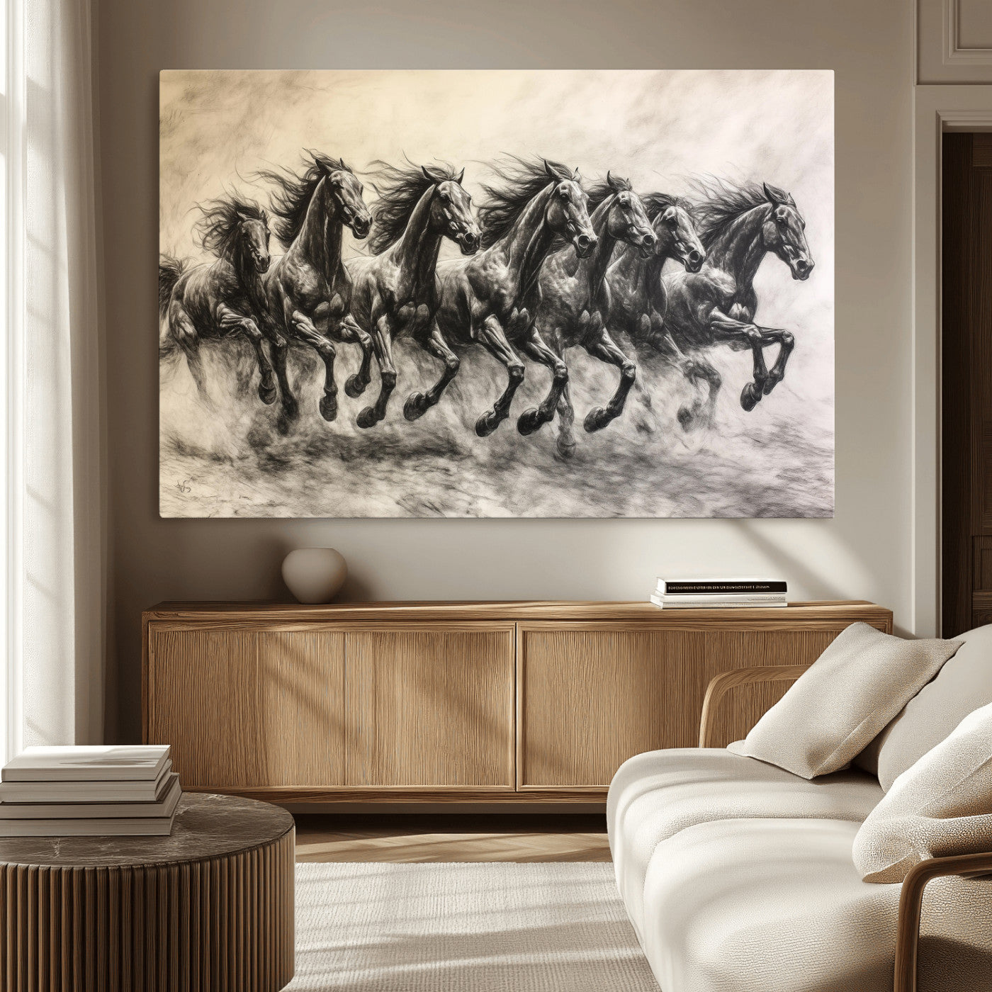 Monochrome drawing of a herd of galloping horses, perfect for dynamic and wild-themed decor in any equestrian or nature-inspired room.