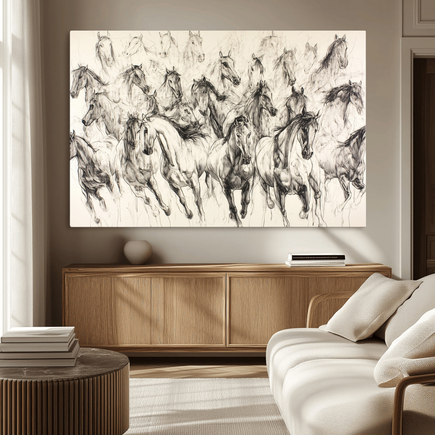 Monochrome ink sketch of galloping horses in dynamic motion, perfect for western or equine-themed wall decor with bold artistic energy.