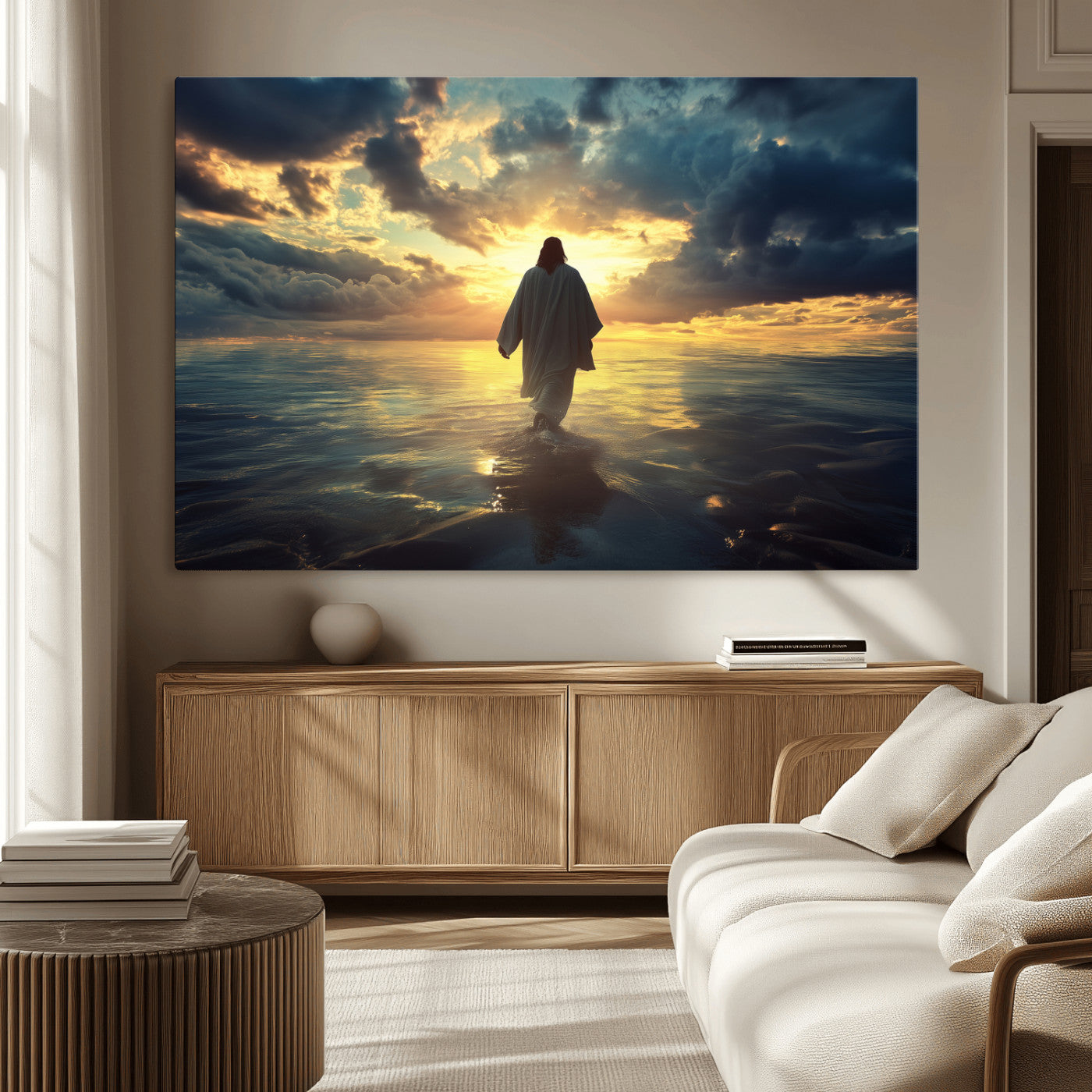 MGV-CV-36X24 - Jesus Walks Wall Art Canvas Print, Framed Divine Sunset Art Picture Print, Spiritual Light Perfect Spiritual Tranquil Decor Artwork