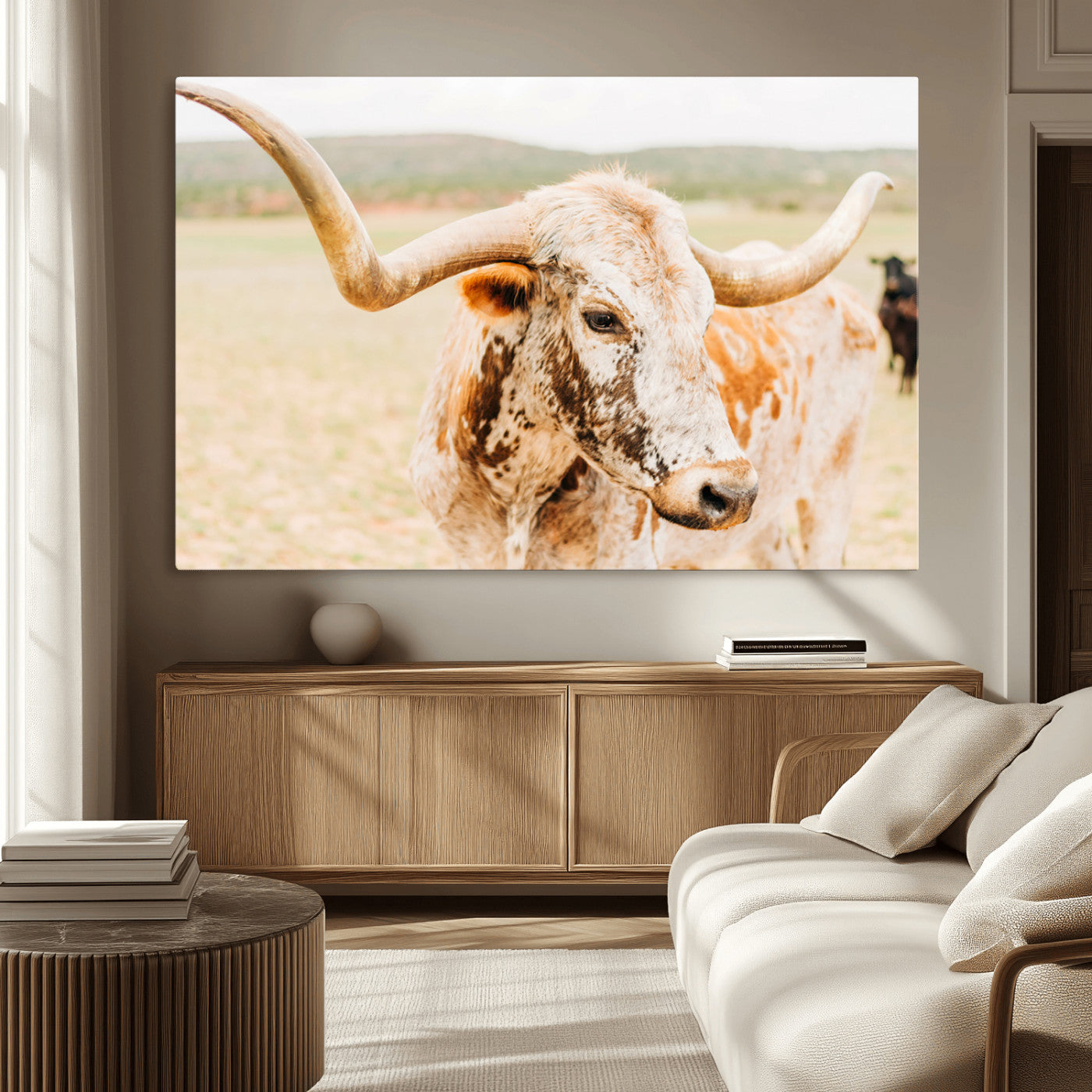 MGV-CV-36X24 - Texas Longhorn Wall Art Canvas Print, Framed Speckled Cow Art Picture Print, Rustic Bull Perfect Rustic Western Decor Artwork