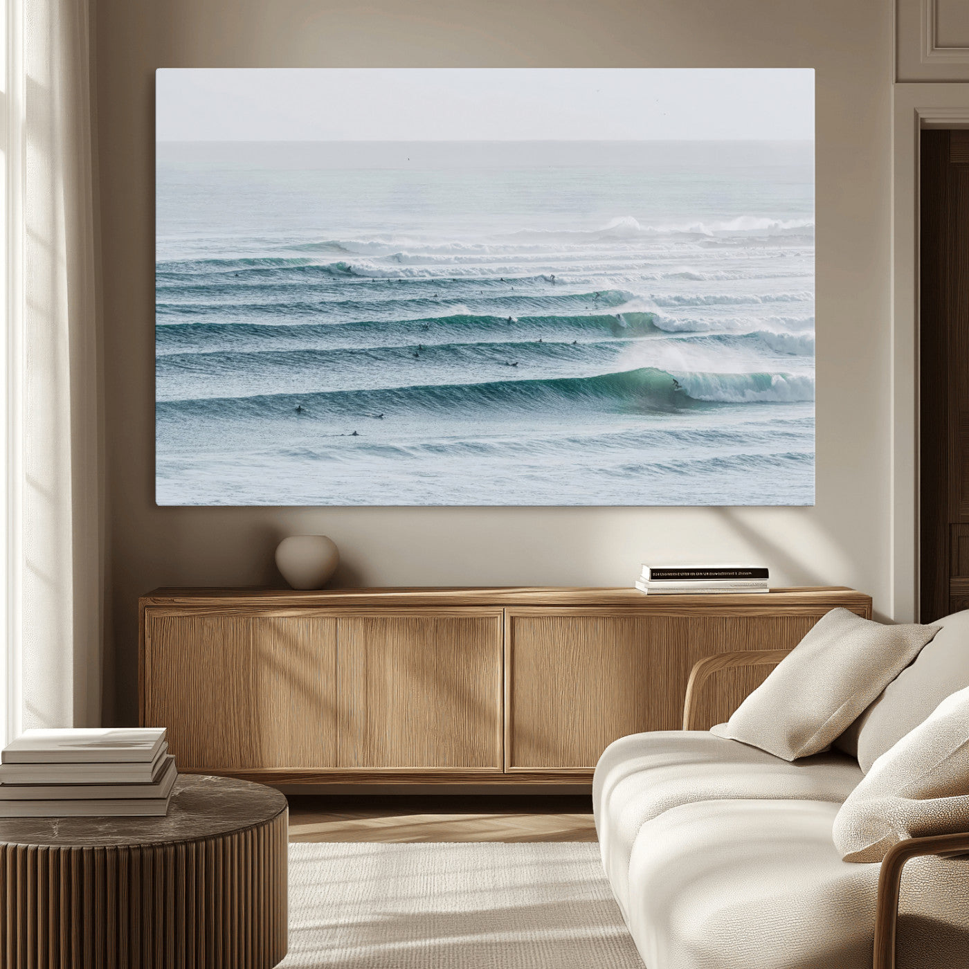 MGV-CV-36X24 - Ocean Waves Wall Art Canvas Print, Framed Surfer Lineup Art Picture Print, Crowded Ocean Perfect Minimal Coastal Decor Artwork