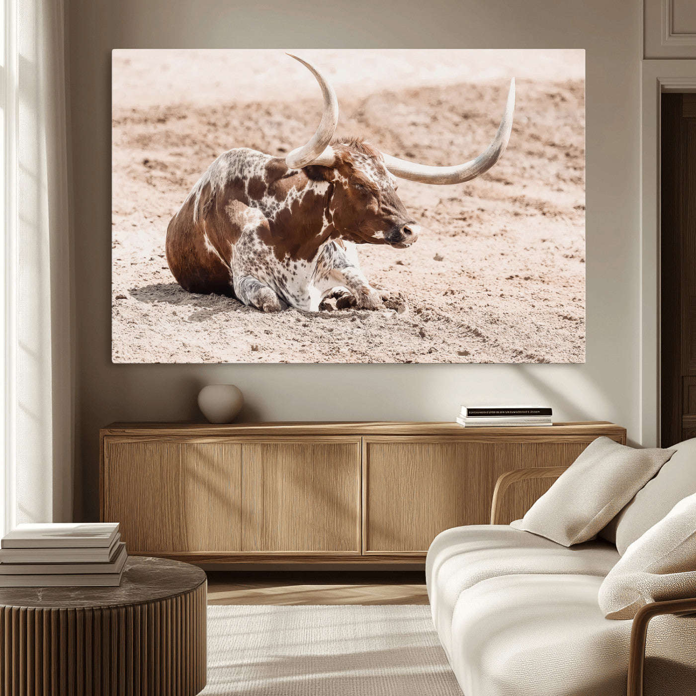 MGV-CV-36X24 - Texas Longhorn Wall Art Canvas Print, Framed Resting Bull Art Picture Print, Spotted Cattle Perfect Rustic Western Decor Artwork
