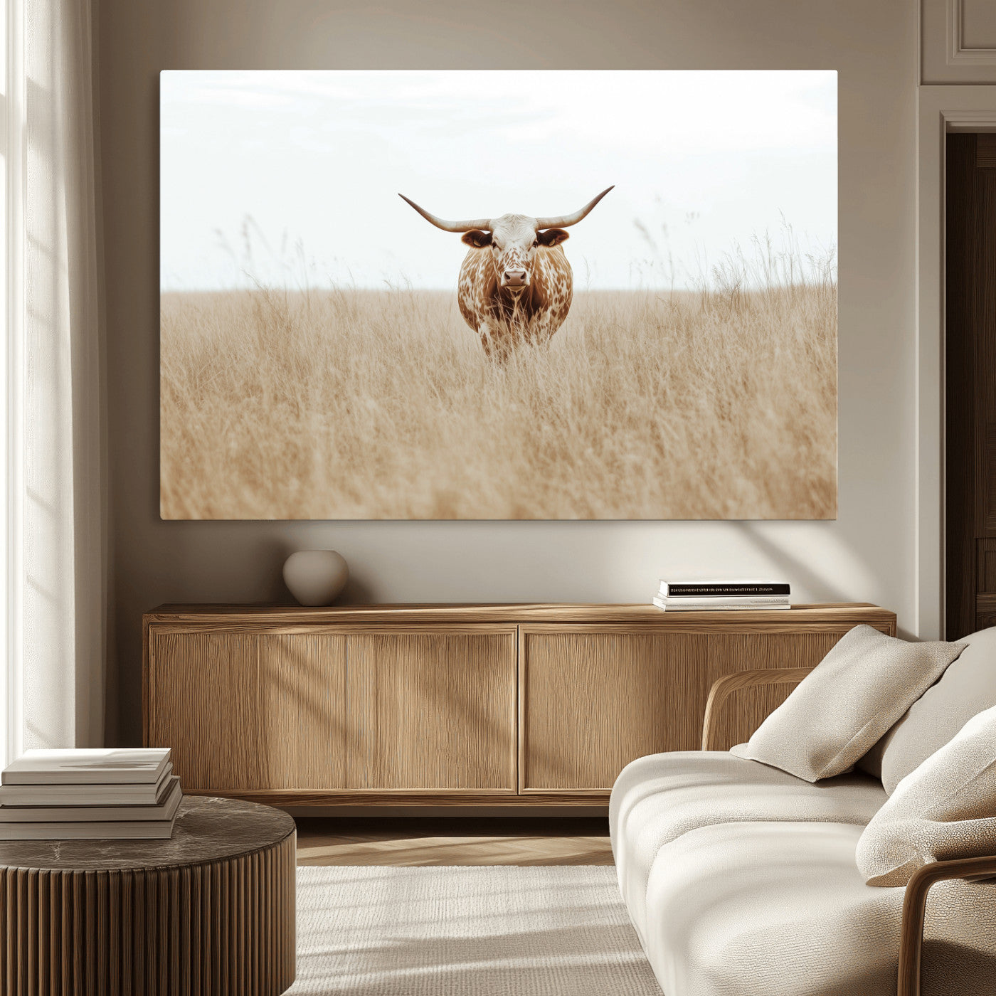 MGV-CV-36X24 - Texas Longhorn Wall Art Canvas Print, Framed Lone Cattle Art Picture Print, Longhorn Bull Perfect Rustic Western Decor Artwork